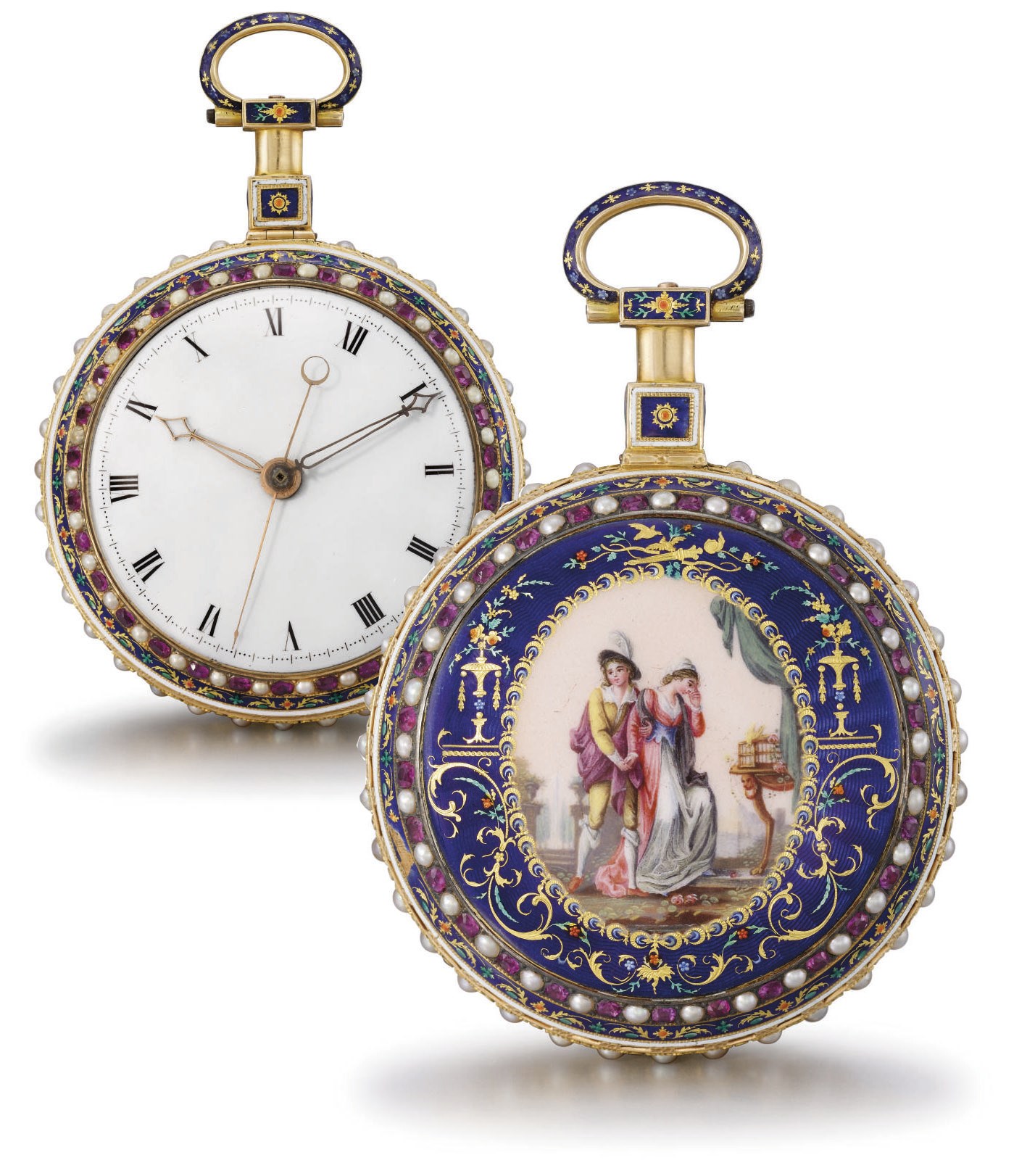 Attributed to Jaquet-Droz. A very fine and rare 18K gold, enamel, ruby and pearl-set grande sonnerie cylinder watch with centre seconds, made for the Chinese market