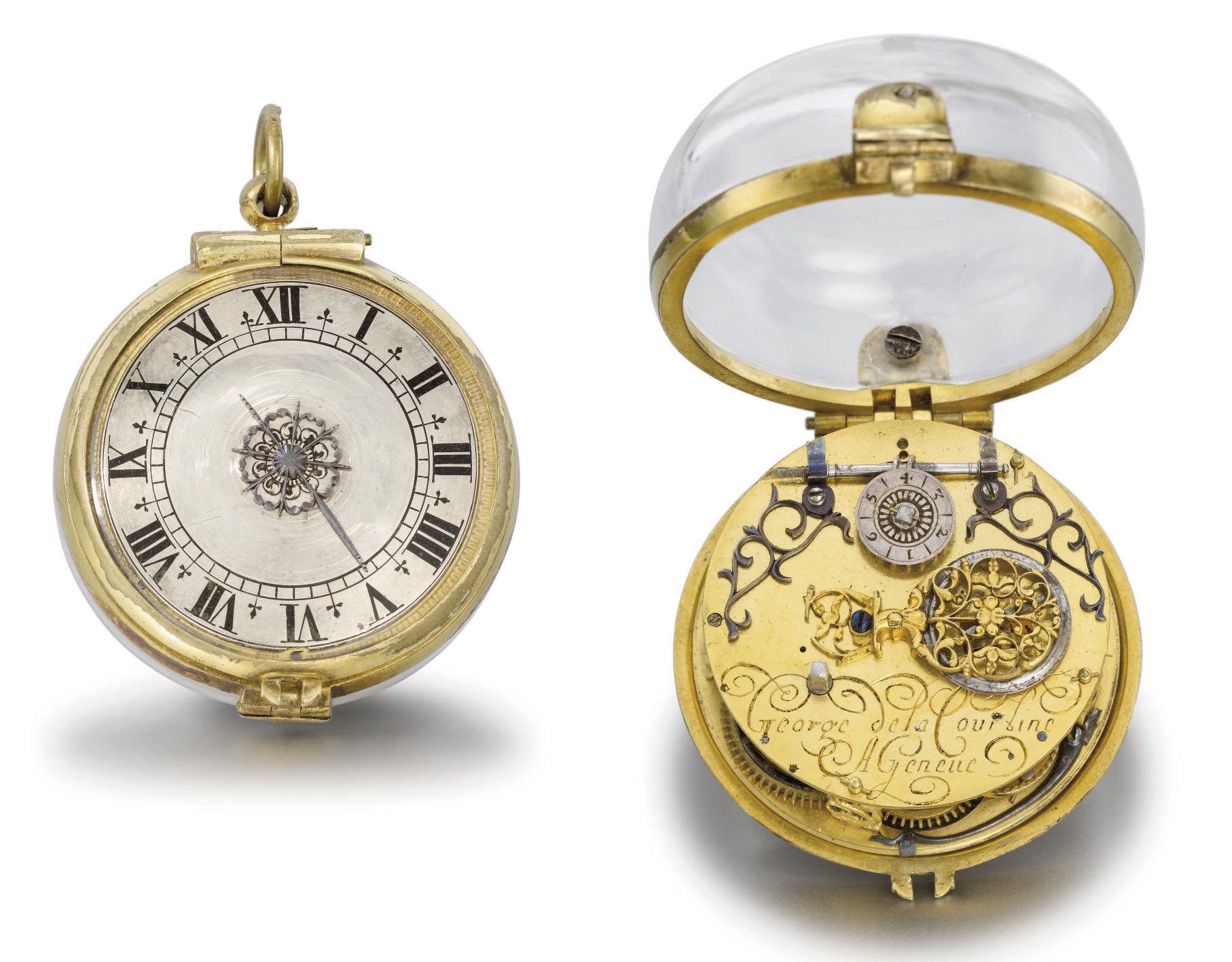 George de la Courtine. A rare and early gilt metal and rock crystal pre-balance spring verge watch
