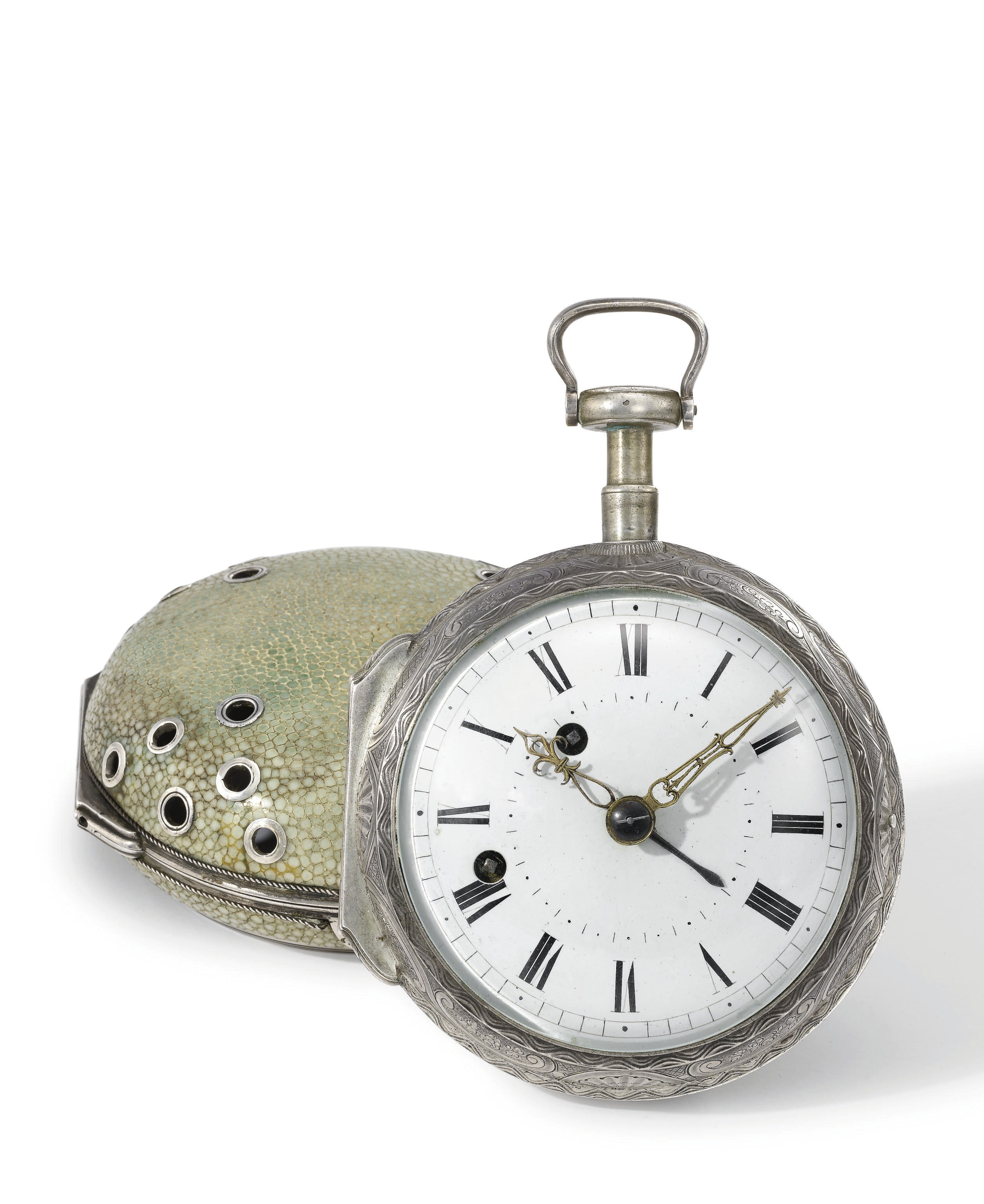 Dilly. A fine silver repousse two train coach watch with alarm and outer silver and shagreen protective case
