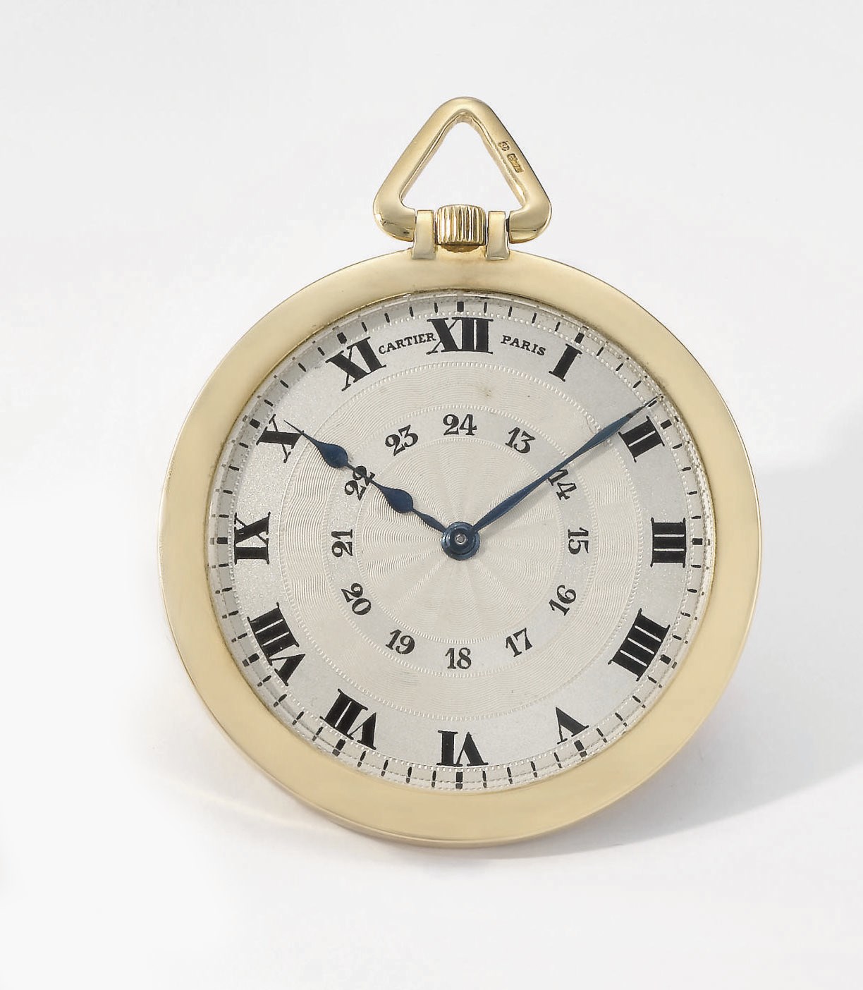 Cartier. A fine and rare 18K gold openface keyless lever watch with two-tone silvered dial and 24 hour display