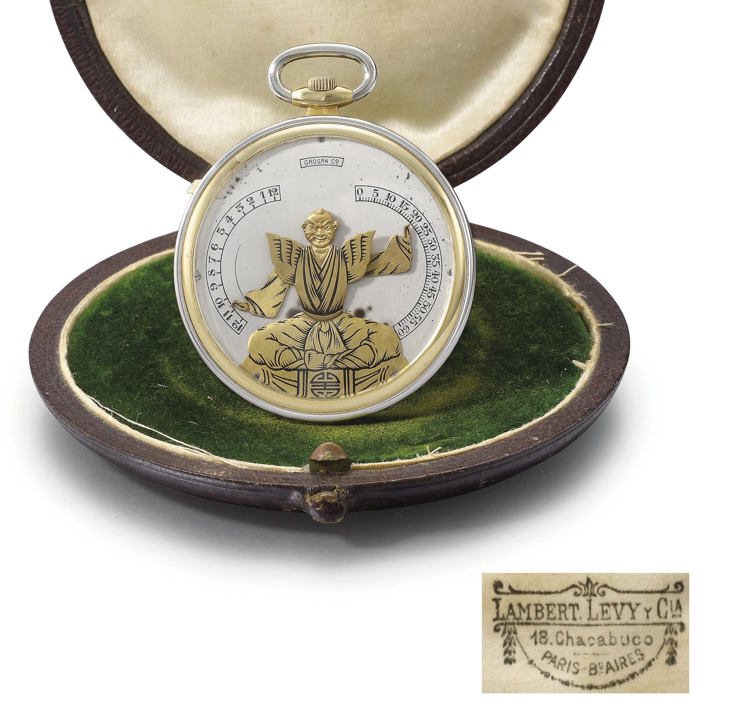 Verger Frères, made for Grogan Co. A fine and unusual 18K white and yellow gold openface Bras en l'Air keyless lever dress watch