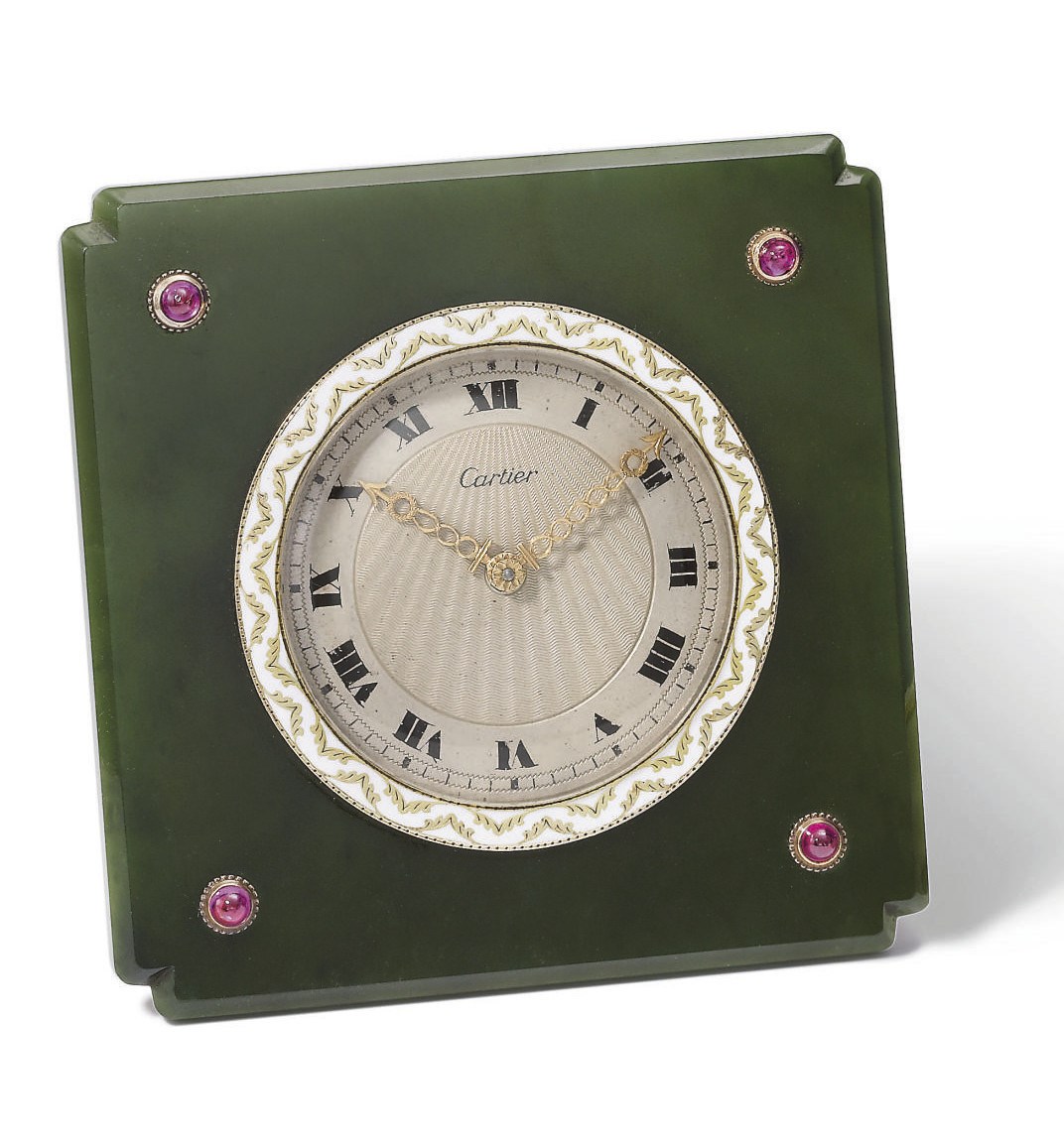 Cartier. A very fine 18K gold, nephrite, enamel and ruby-set eight-day Art Deco desk clock