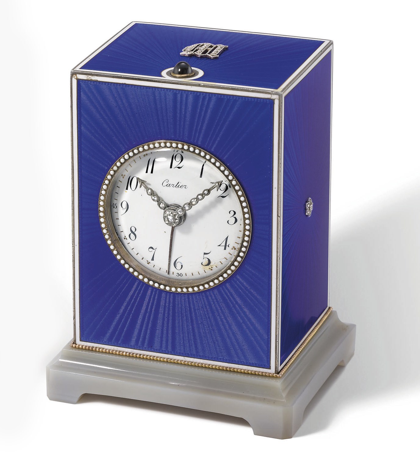 Cartier. A very fine, rare and unusual silver, gold, enamel, agate and diamond-set three train 8-day quarter repeating grande sonnerie "cube" desk clock with alarm