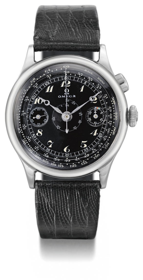 Omega. A large and unusual stainless steel chronograph wristwatch with black dial and Breguet numerals