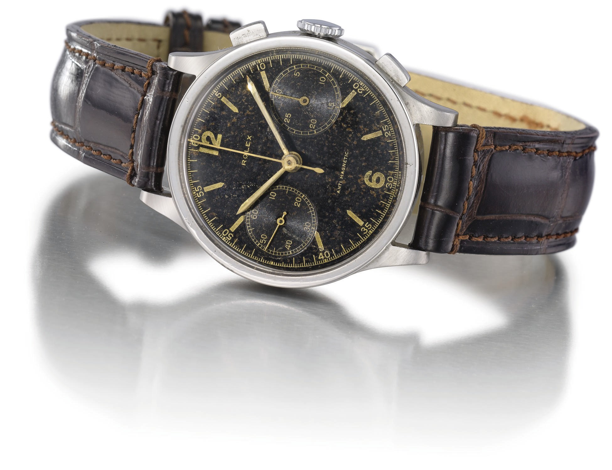Rolex. A rare stainless steel chronograph wristwatch with black dial