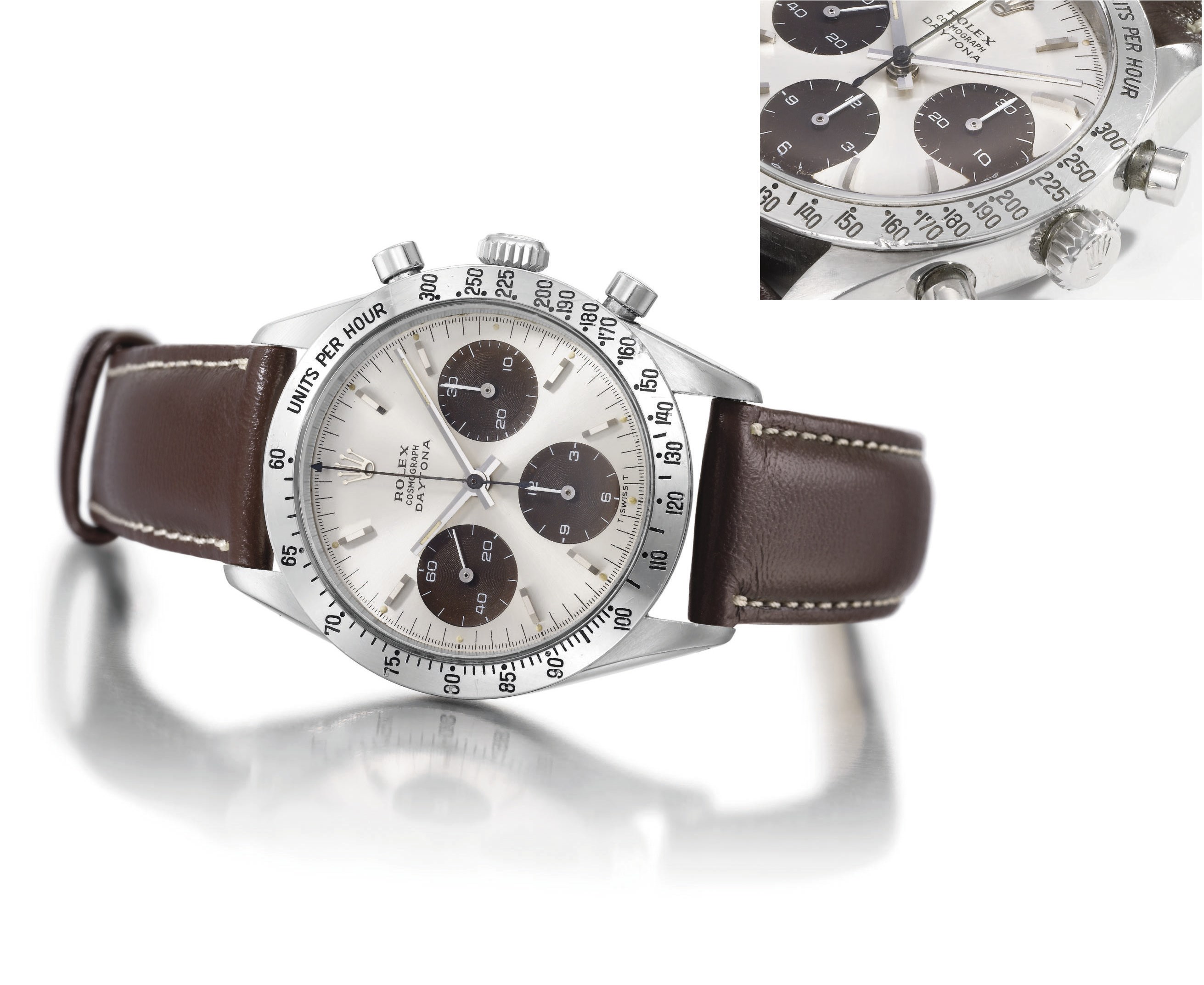Rolex. An unusual stainless steel chronograph wristwatch with brown-coloured subsidiary dials