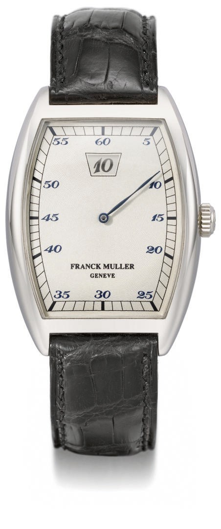 Franck Muller. A large 18K white gold tonneau-shaped curved jump hour wristwatch