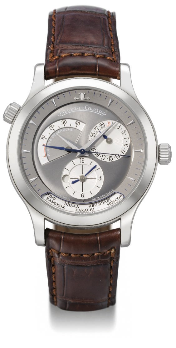 Jaeger-LeCoultre. An 18K white gold self-winding dual time wristwatch with sweep centre seconds, date, power reserve and world time display