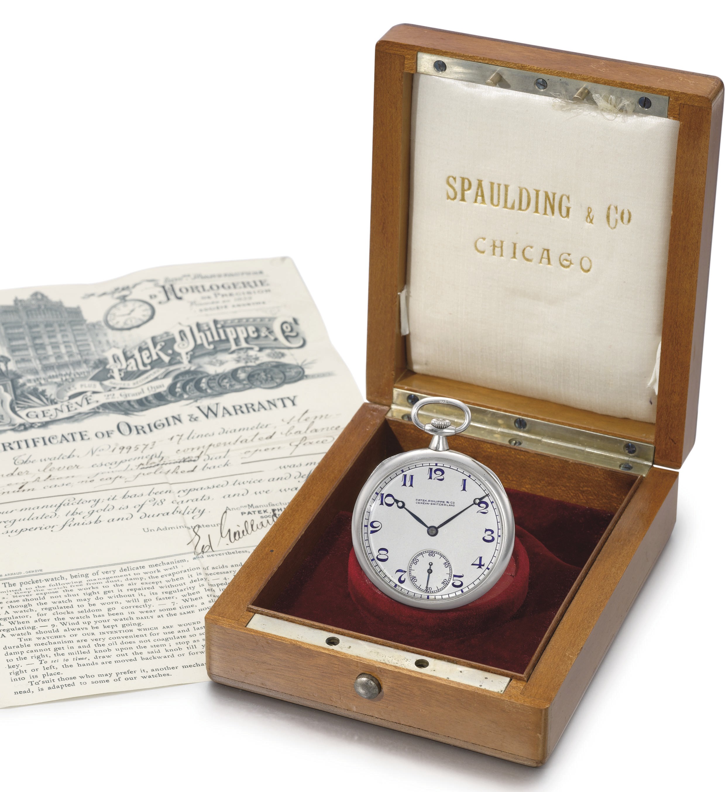 Patek Philippe. A fine platinum openface keyless lever watch with fitted box and original certificate