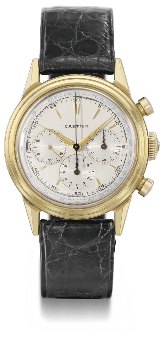 Movado. A fine and rare 18K gold water-resistant chronograph wristwatch with two-tone silvered dial