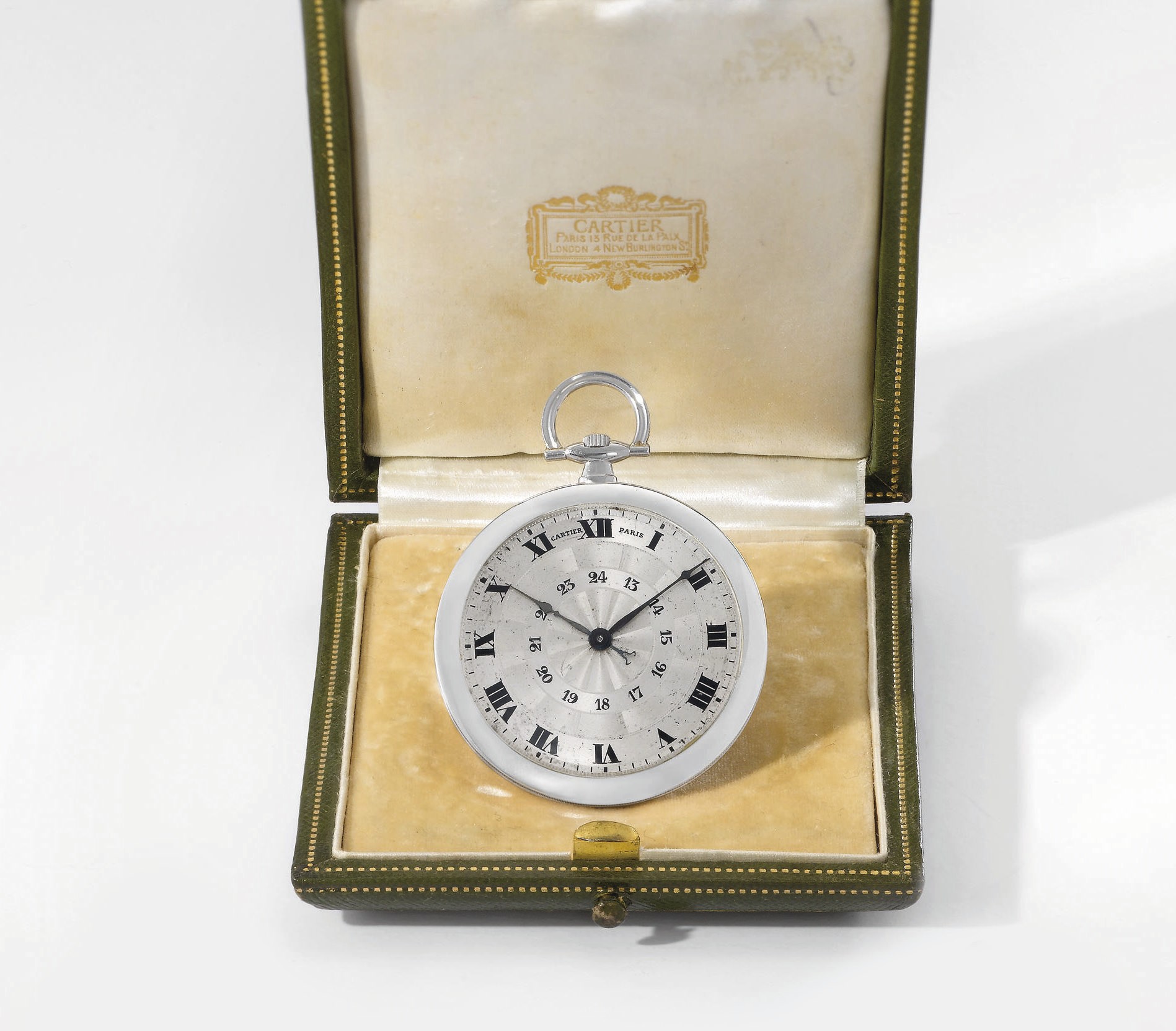 Cartier. A fine and rare platinum openface keyless lever watch with two-tone silvered dial, 24 hour display and original box