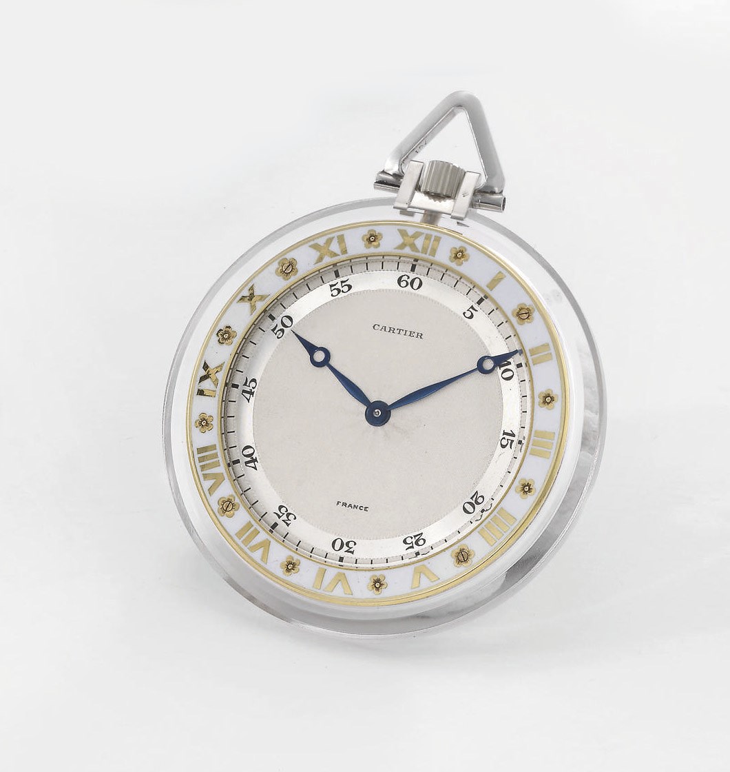 Cartier. A very fine and rare platinum, 18K gold, rock crystal and enamel openface keyless lever dress watch