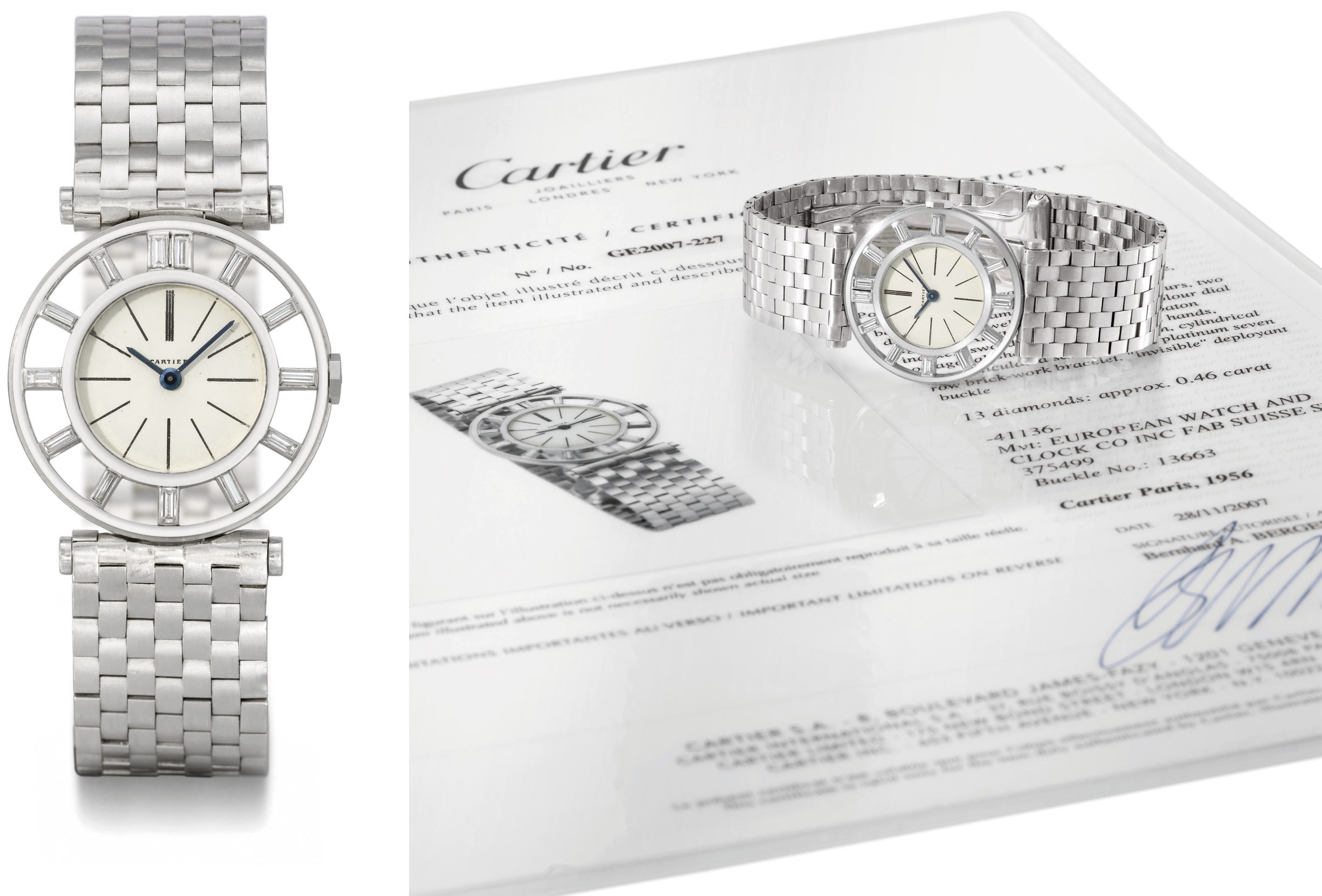Cartier. A very fine, rare and attractive platinum and diamond-set wristwatch with bracelet