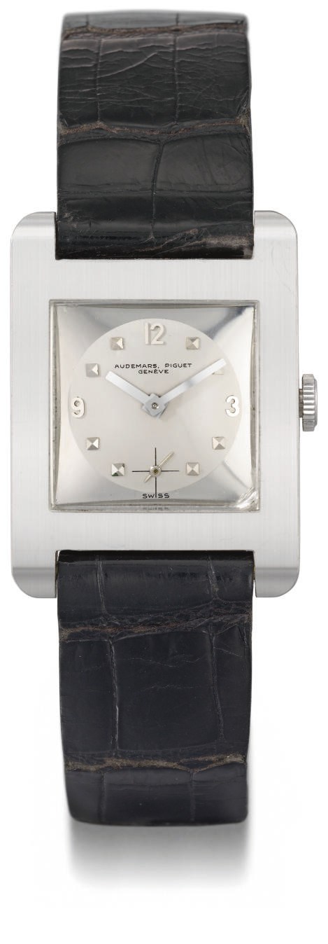 Audemars Piguet. An unusual platinum rectangular wristwatch with two-tone silvered dial