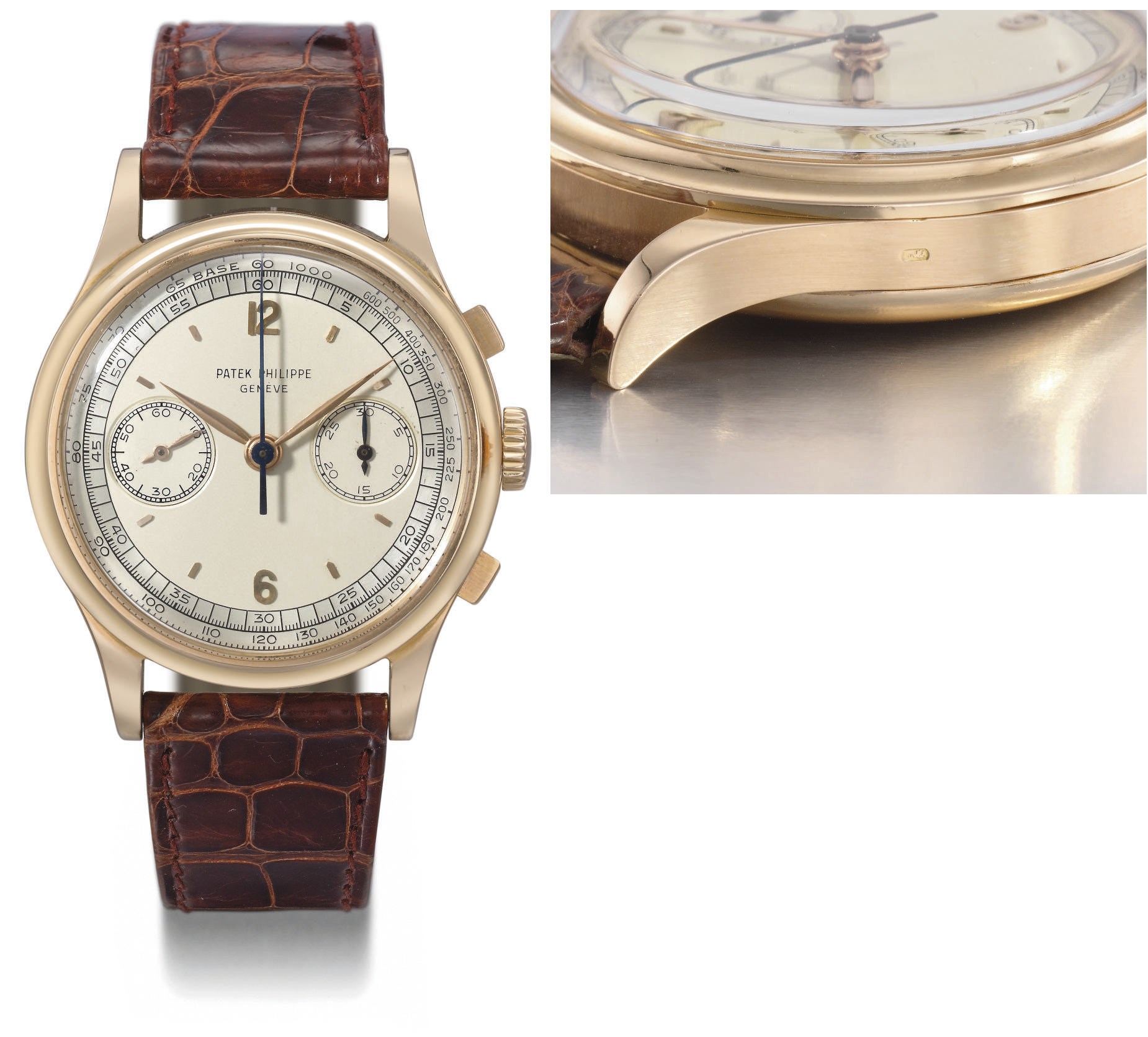 Patek Philippe. An extremely attractive, rare and large 18K pink gold chronograph wristwatch with two-tone silvered dial