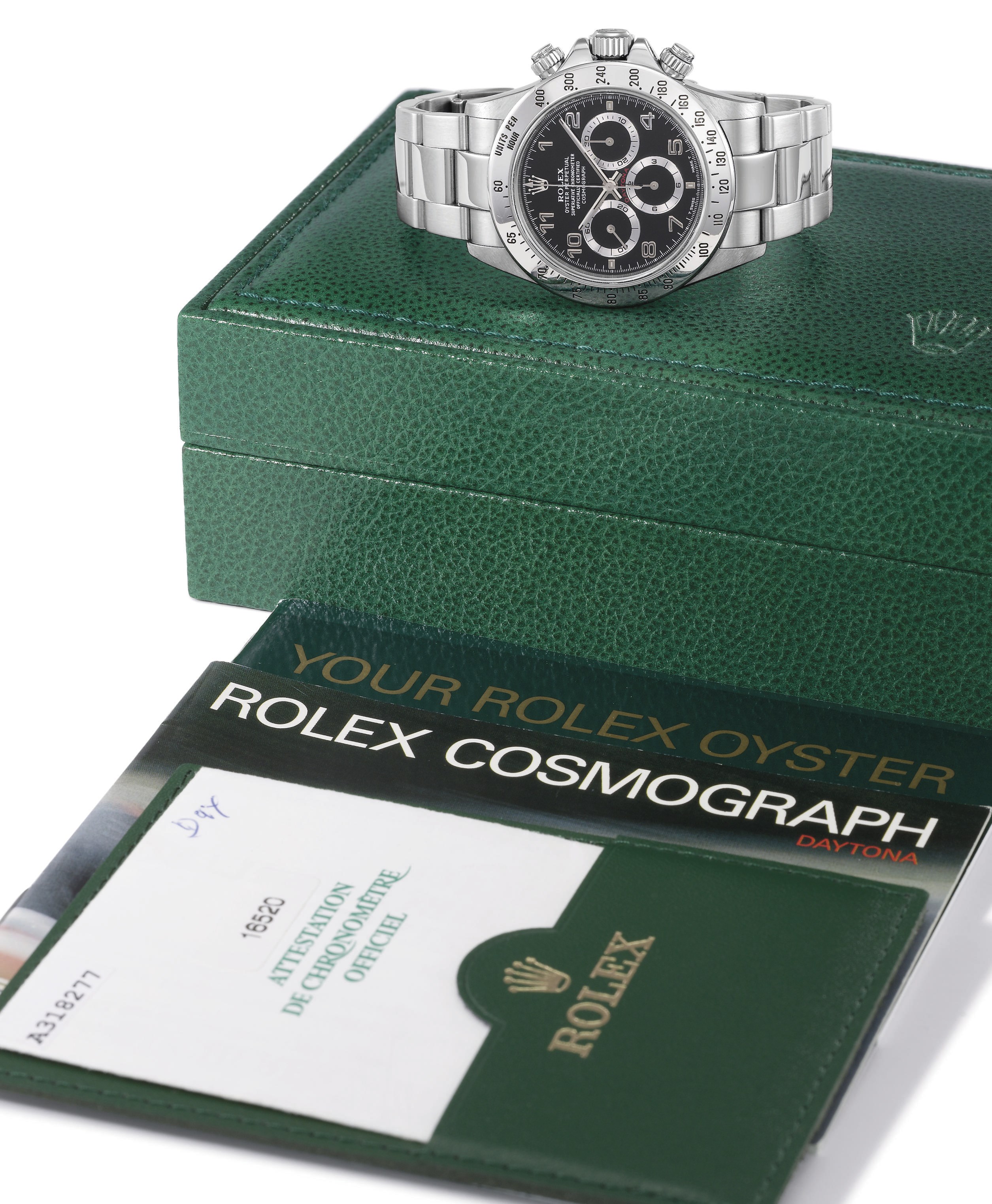 Rolex. A rare and unusual stainless steel self-winding water-resistant chronograph wristwatch with bracelet, guarantee, box and Arabic numerals
