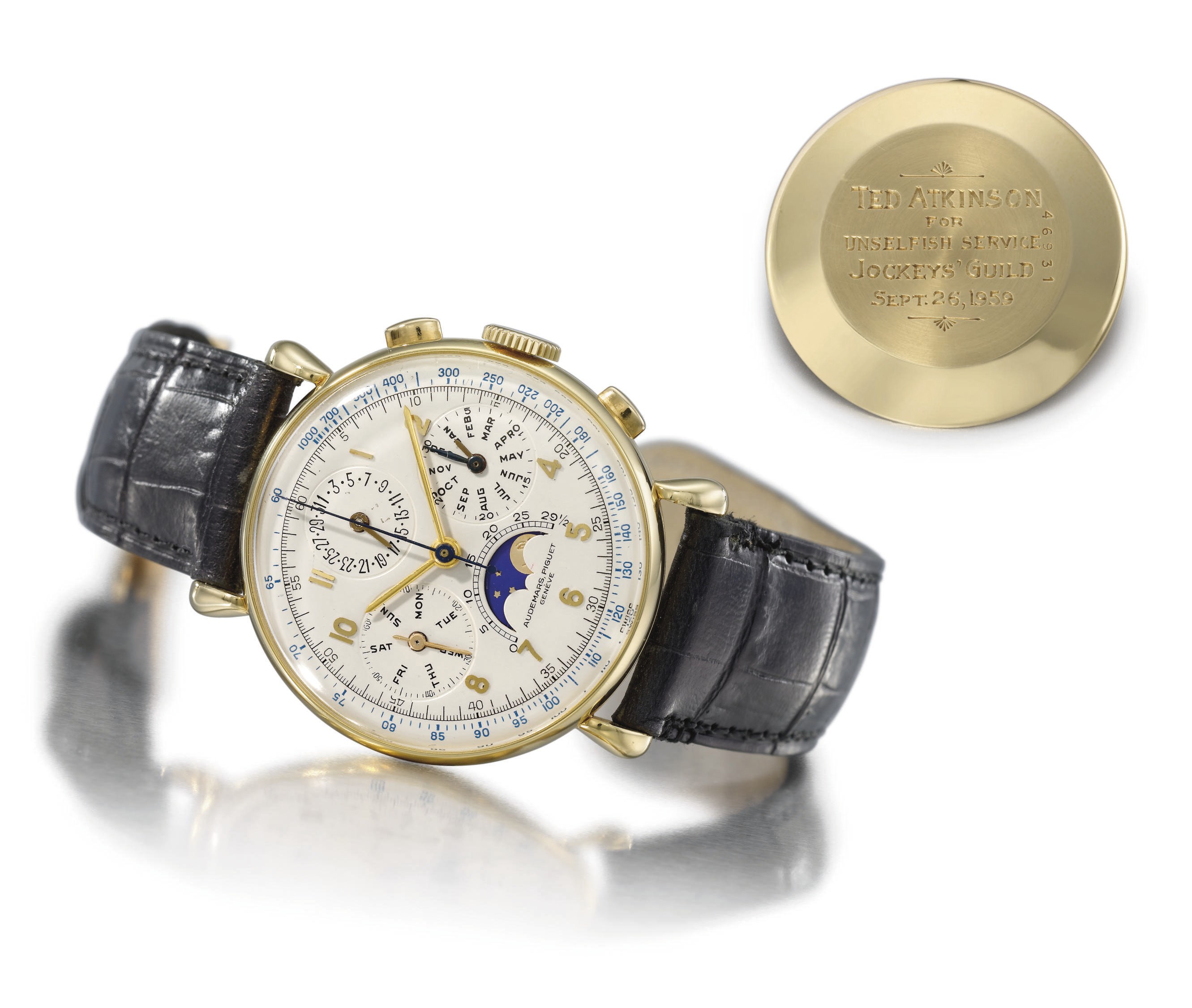 Audemars Piguet. A fine and rare 18K gold full calendar chronograph wristwatch with phases of the moon