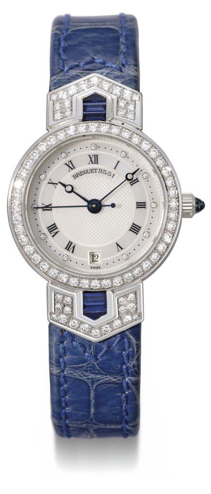 Breguet. A lady's fine 18K white gold, mother-of-pearl, diamond and sapphire-set self-winding wristwatch with sweep centre seconds and date