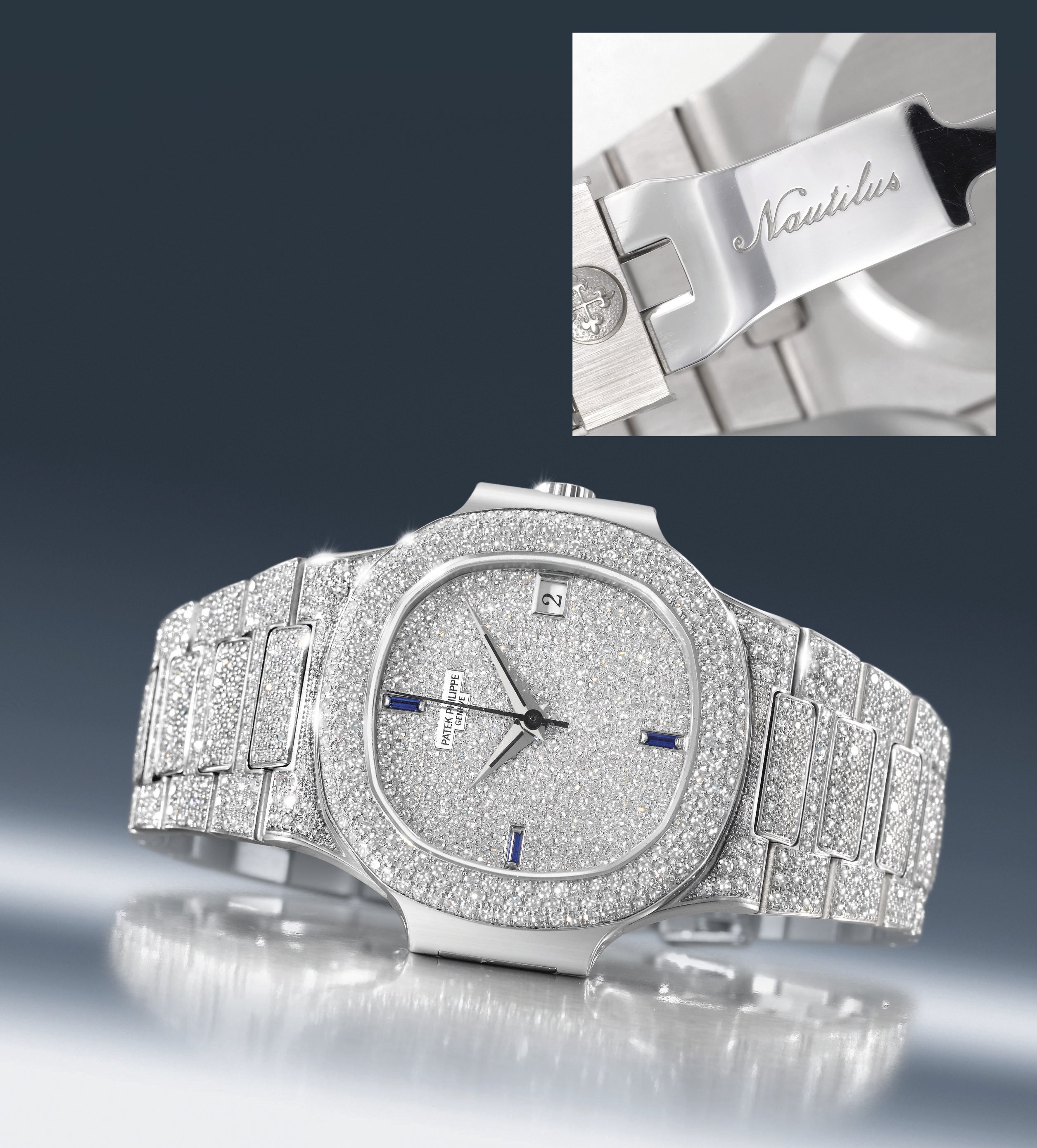 Patek Philippe. A very fine, rare and impressive 18K white gold, diamond and sapphire-set self-winding water-resistant wristwatch with sweep centre seconds, date and bracelet