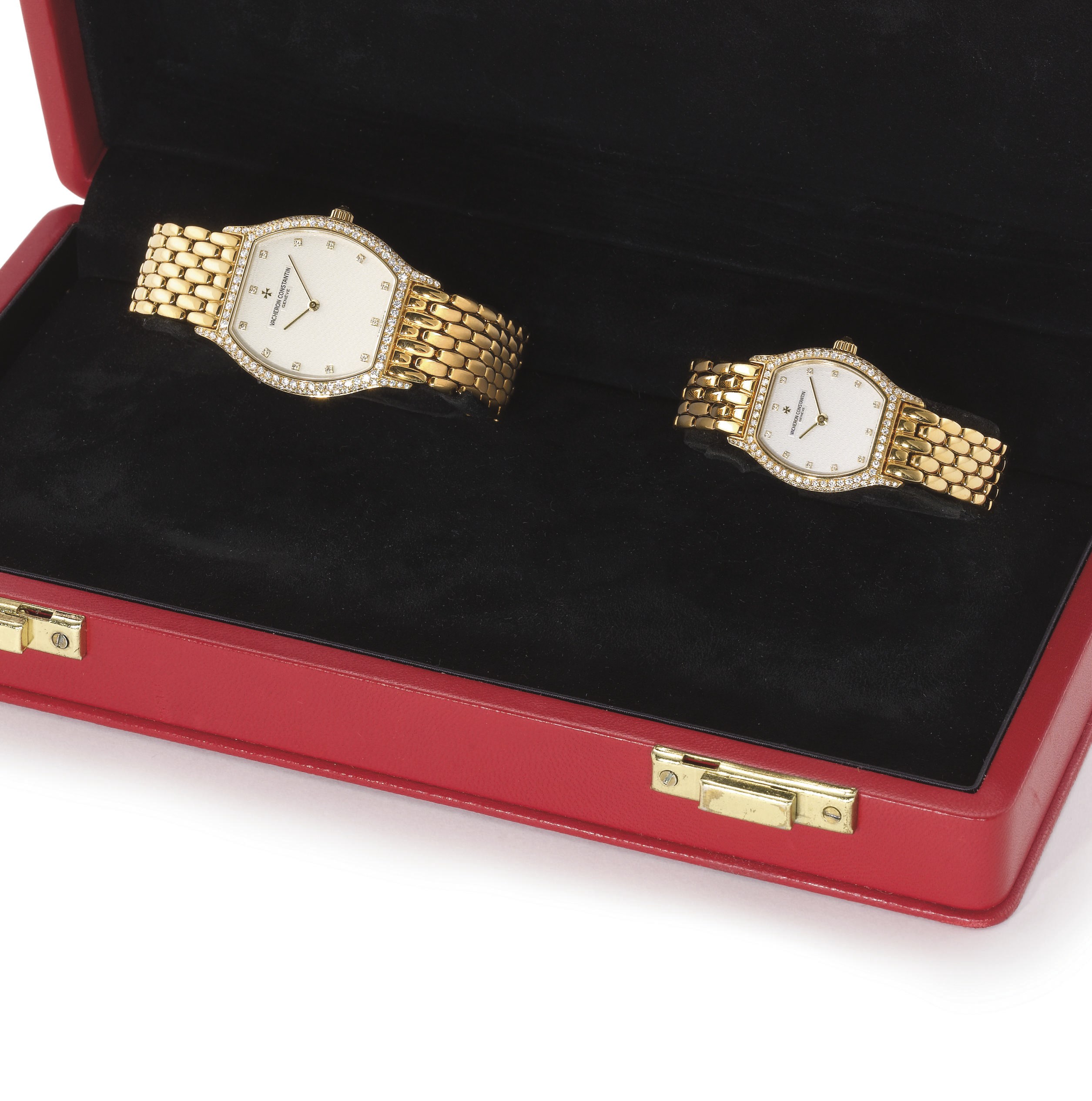 Vacheron Constantin. A lot of two 18K gold and diamond-set tonneau-shaped wristwatches with bracelets