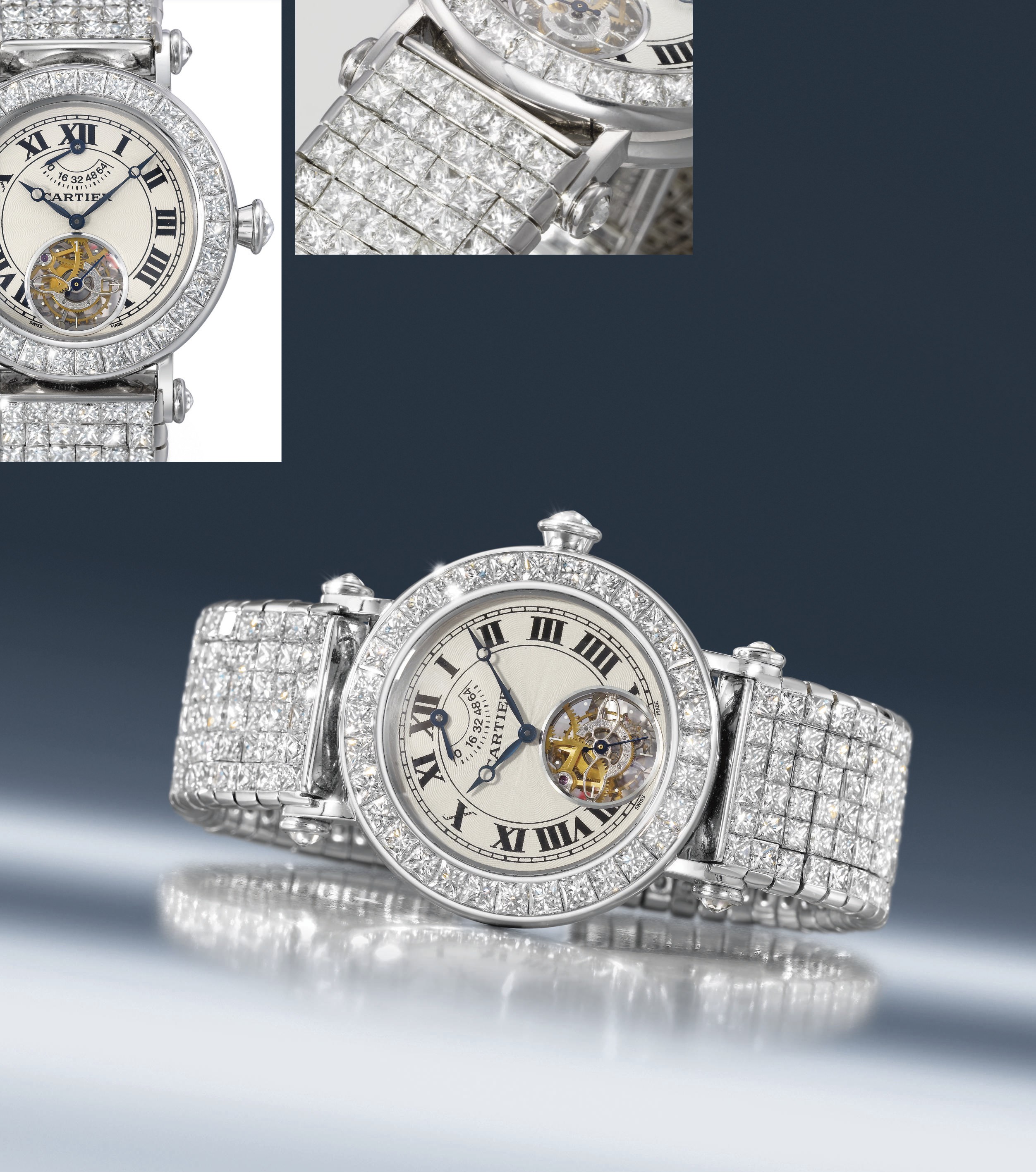 Cartier. An extremely fine and rare 18K white gold and diamond-set self-winding wristwatch with one minute tourbillon, power reserve and bracelet