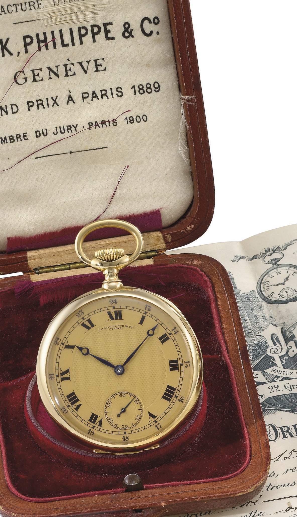 Patek Philippe. A fine and unusual 18K gold openface keyless lever watch with gold dial, original certificate and box