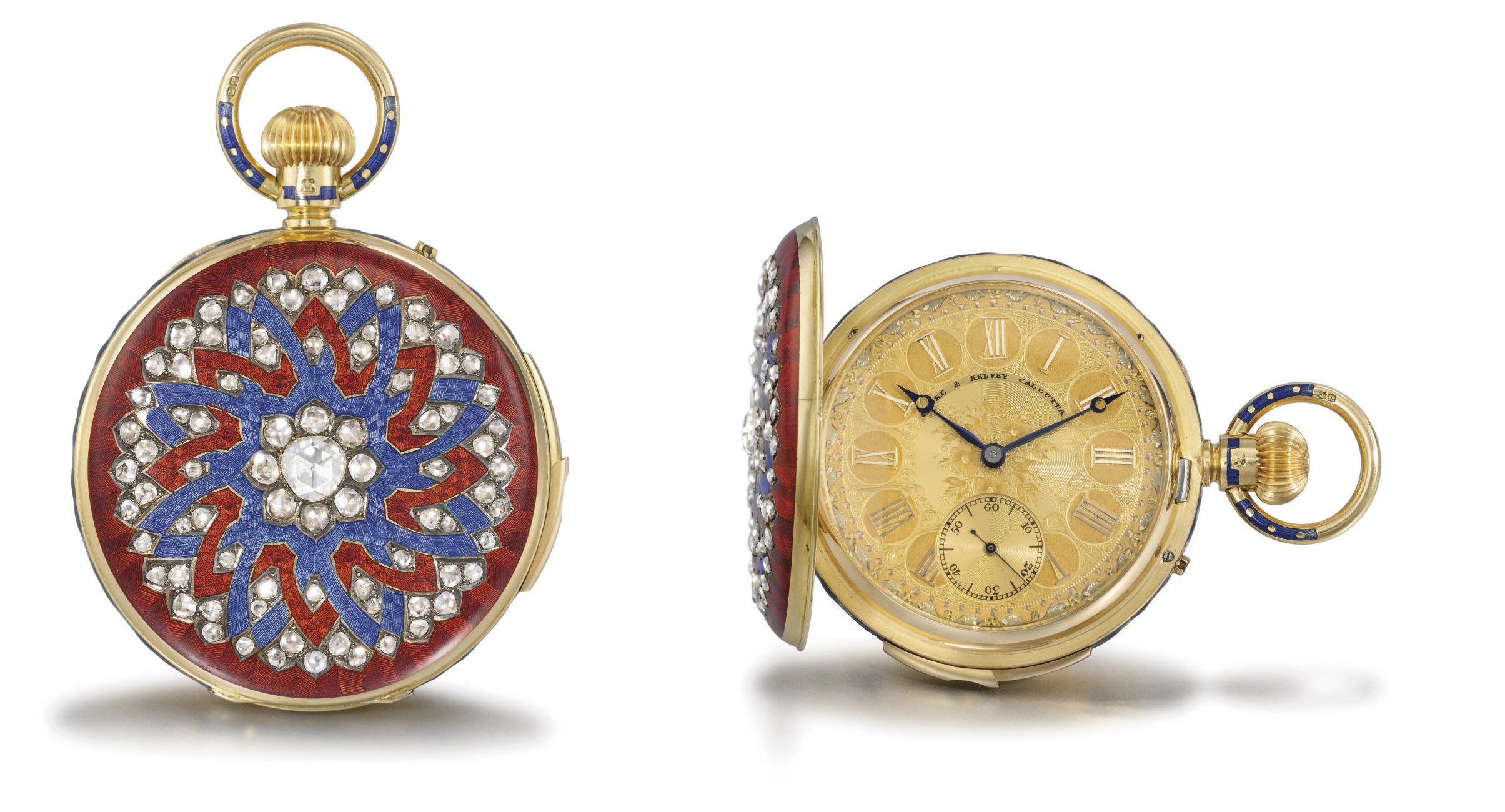 Cooke & Kelvey. A fine 18K gold, enamel and diamond-set hunter cased quarter repeating keyless lever watch, made for the Indian Market