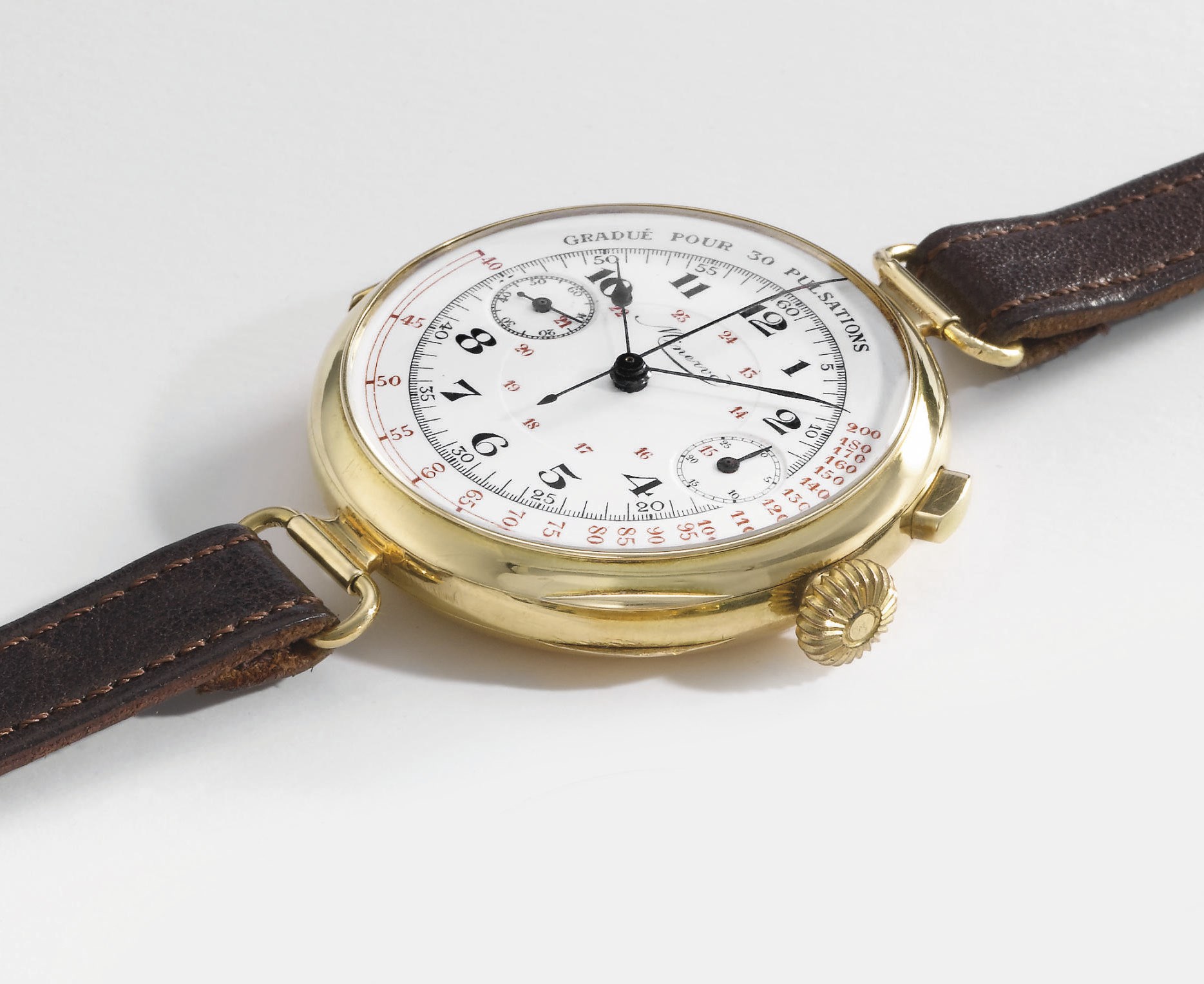 Minerva. A large and unusual 18K gold hinged single button chronograph wristwatch with enamel dial and pulsometre scale