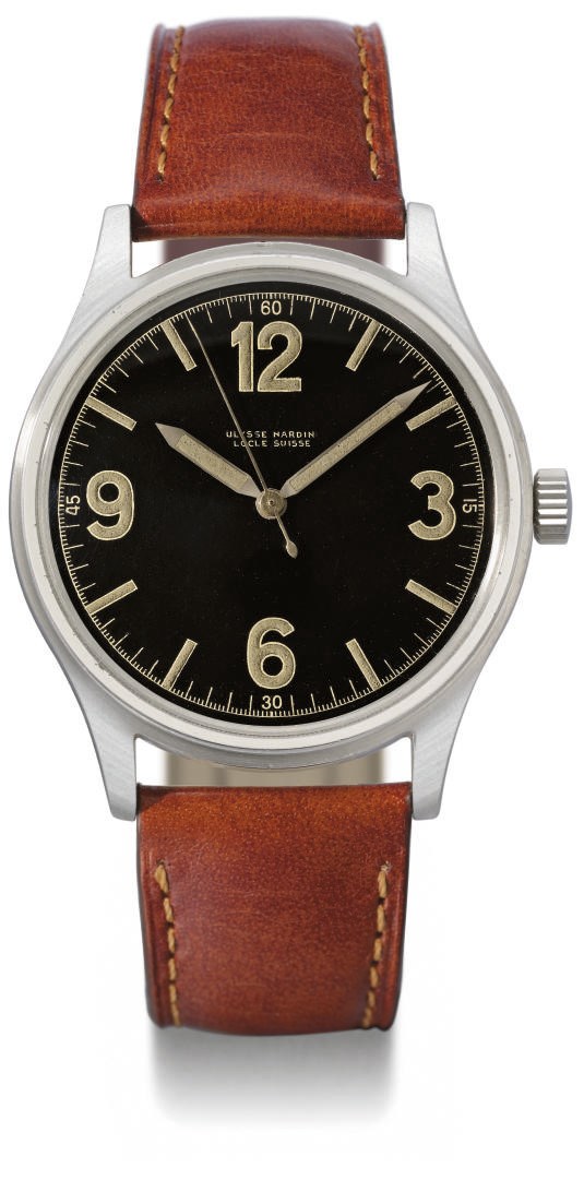 Ulysse Nardin. A large and unusual stainless steel water-resistant aviator's wristwatch with indirect sweep centre seconds and black dial