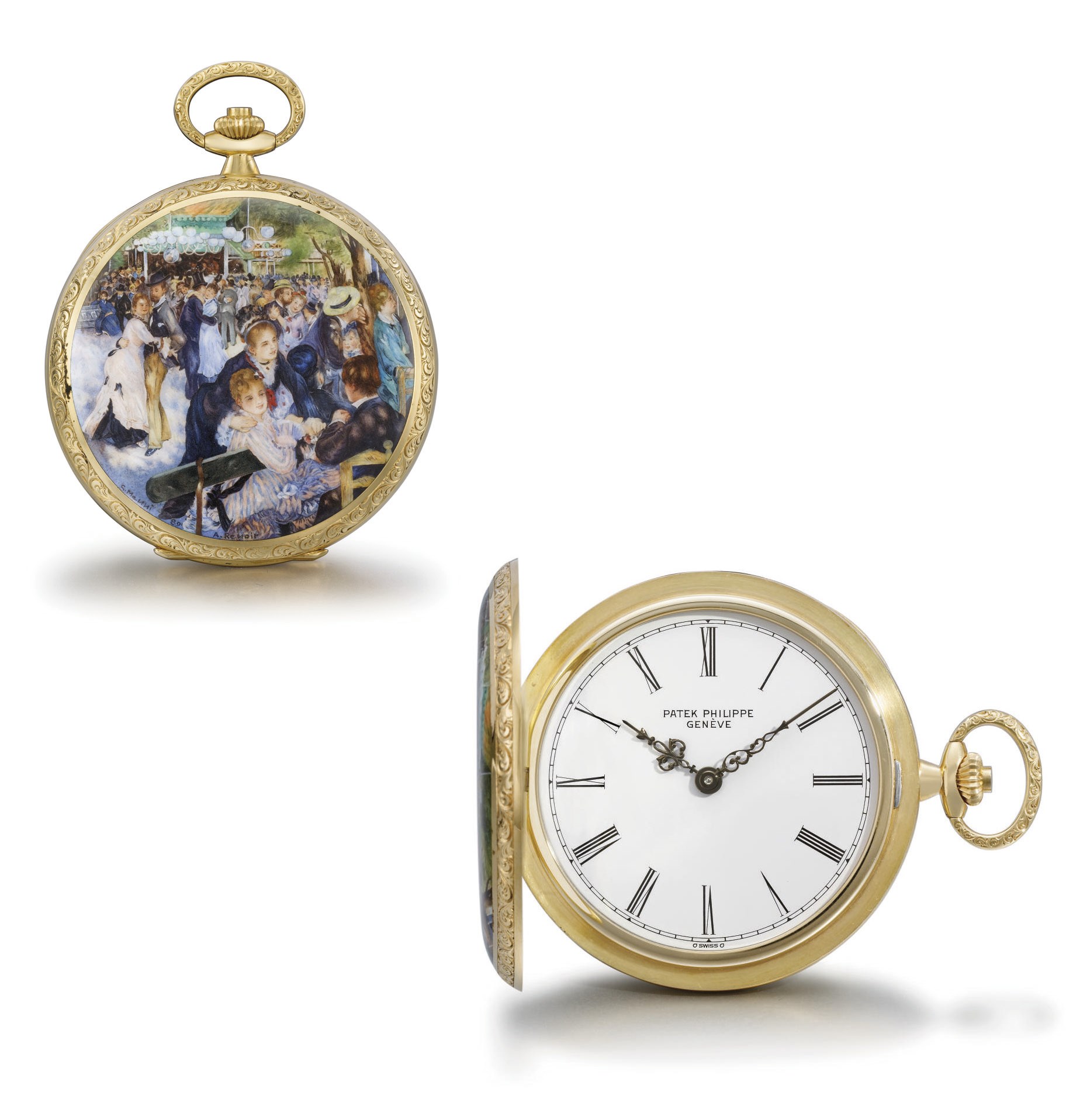 Patek Philippe. A very fine and unique 18K gold hunter case keyless lever watch with enamel miniature "Le Bal au Moulin de la Galette" after Pierre-August Renoir by G. Menni