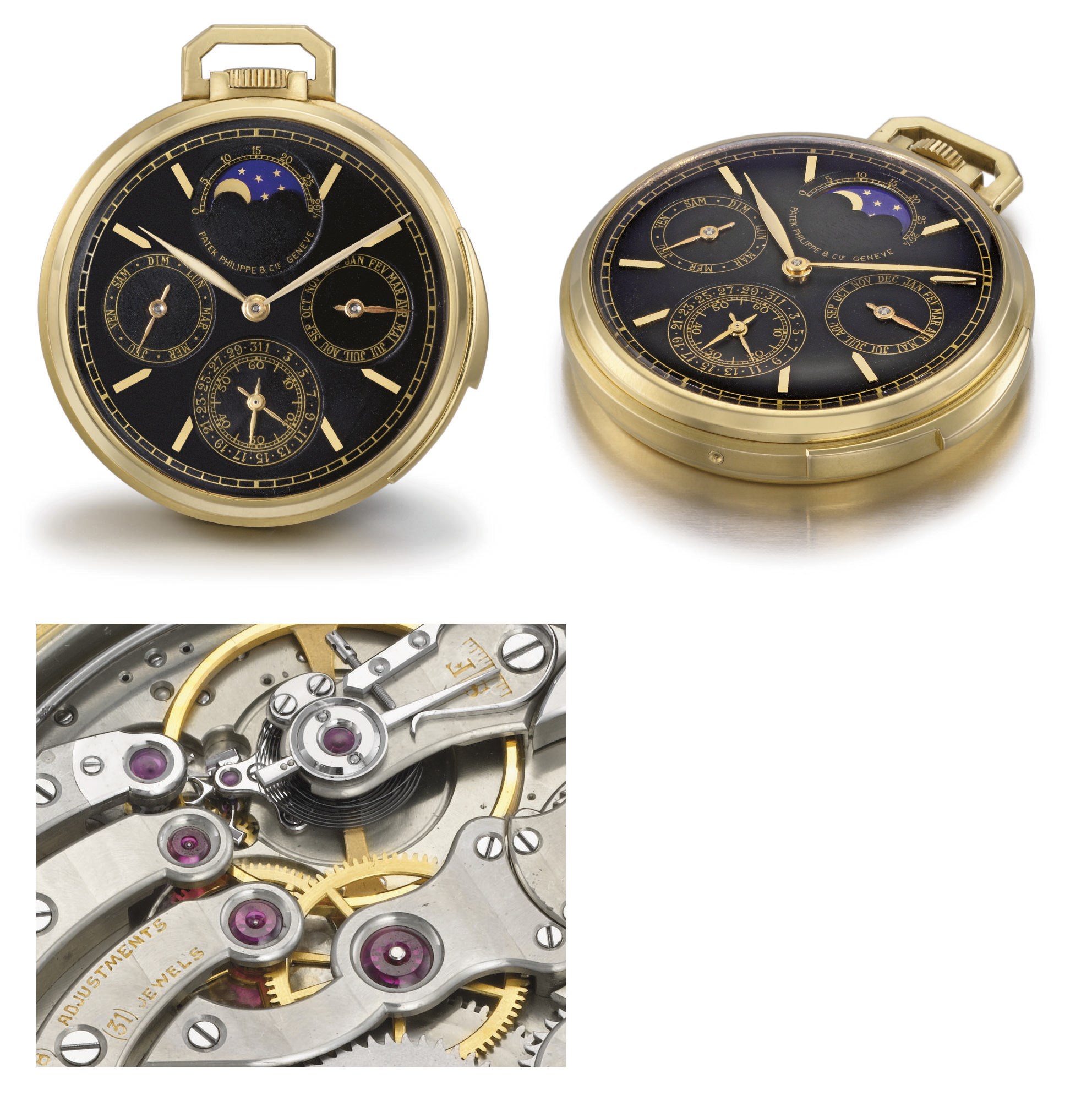 Patek Philippe. A unique and important 18K gold openface minute repeating perpetual calendar keyless lever watch with phases of the moon and black dial