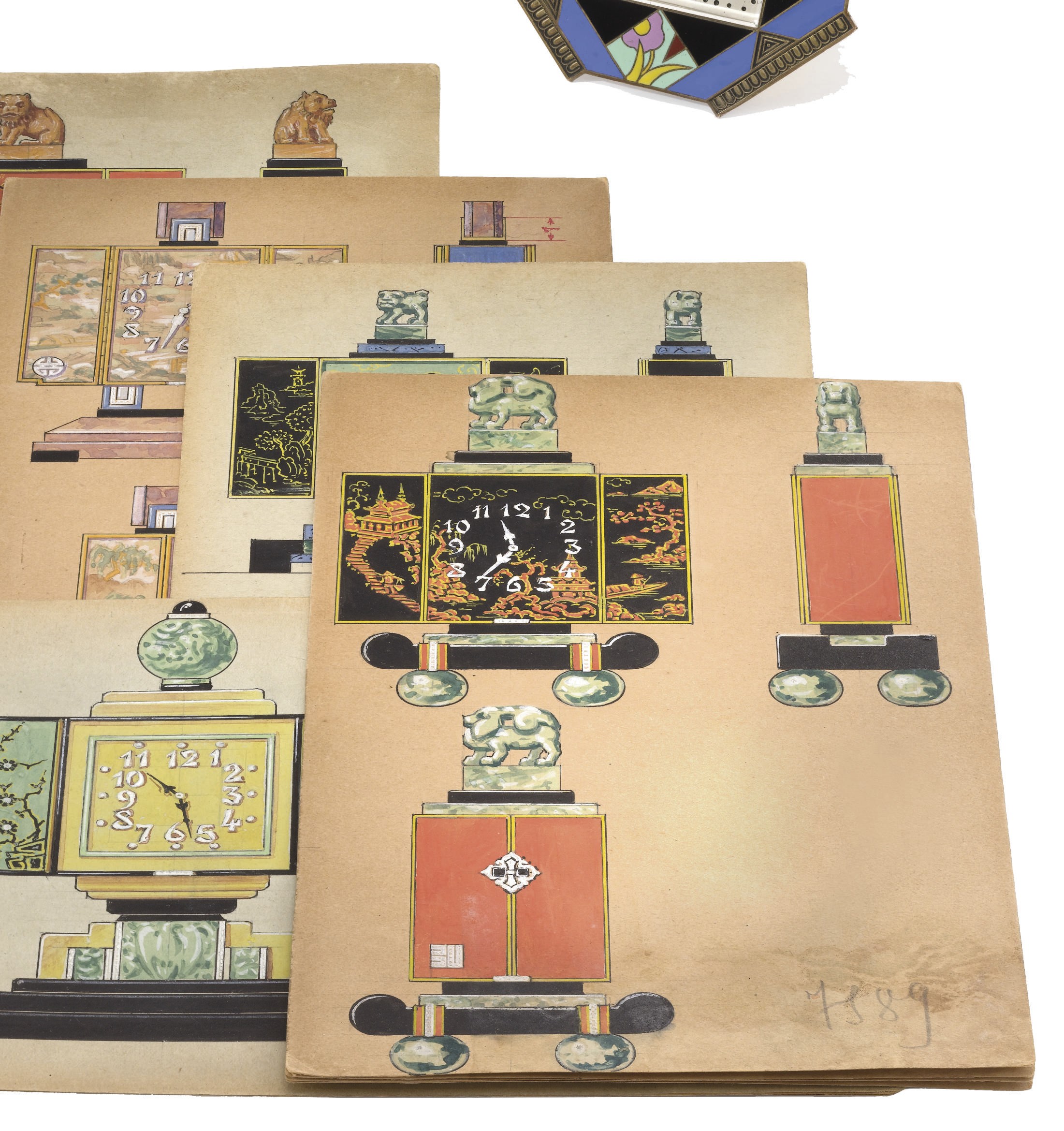 A lot of eight hand-painted watercolour designs for Verger Frères Art Deco desk clock cases