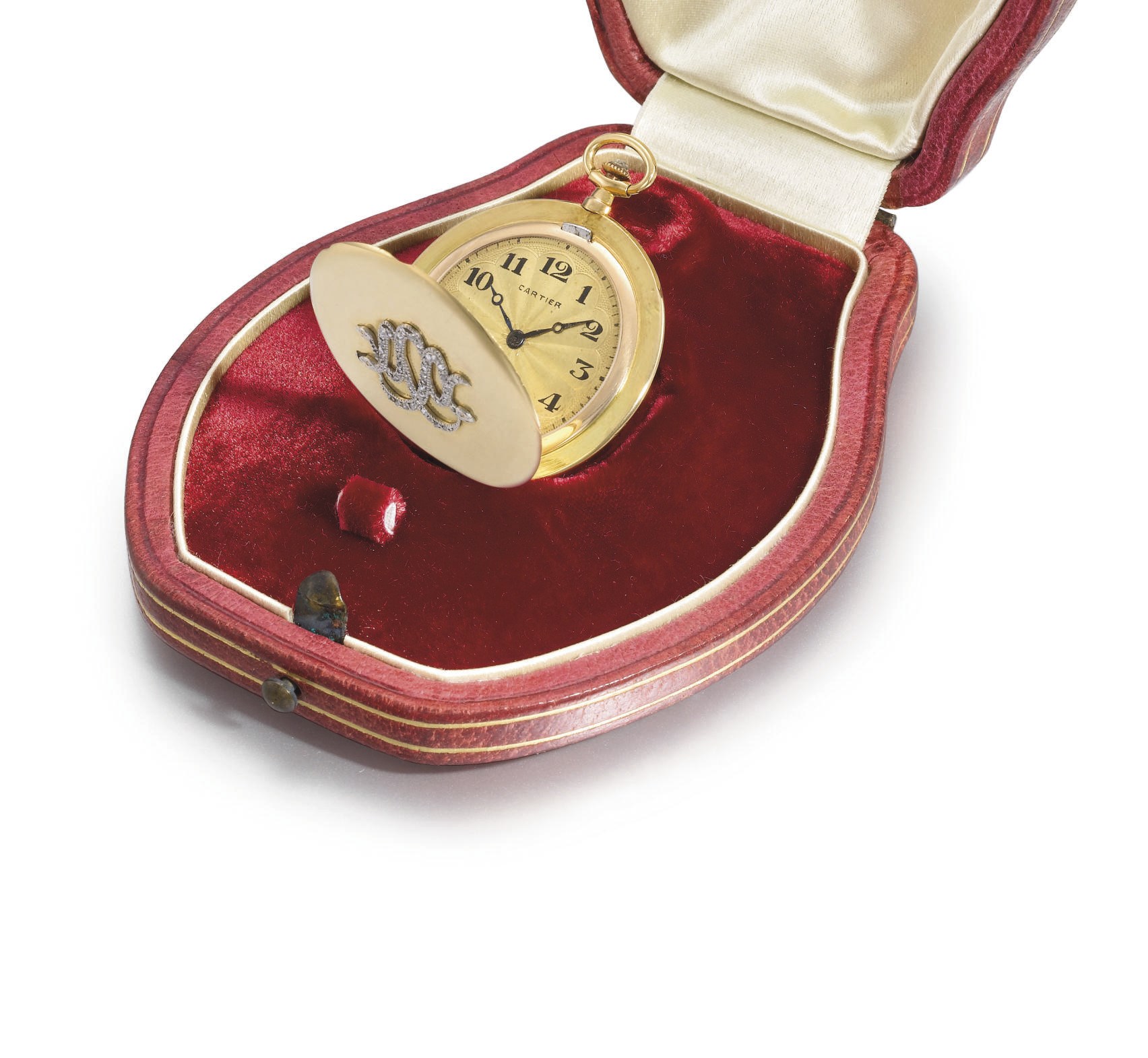 Cartier. A lady's fine and small 18K gold and diamond-set hunter case keyless lever pendant watch