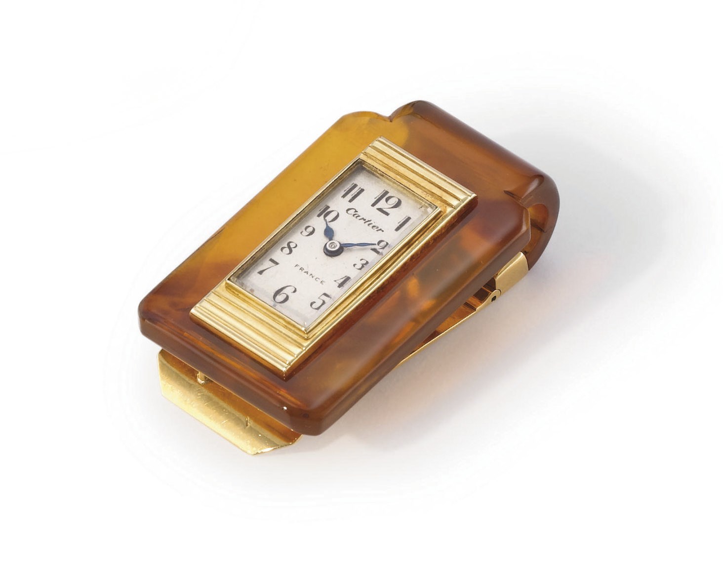 Cartier. A rare and unusual 18K gold and bakelite backwound clip watch