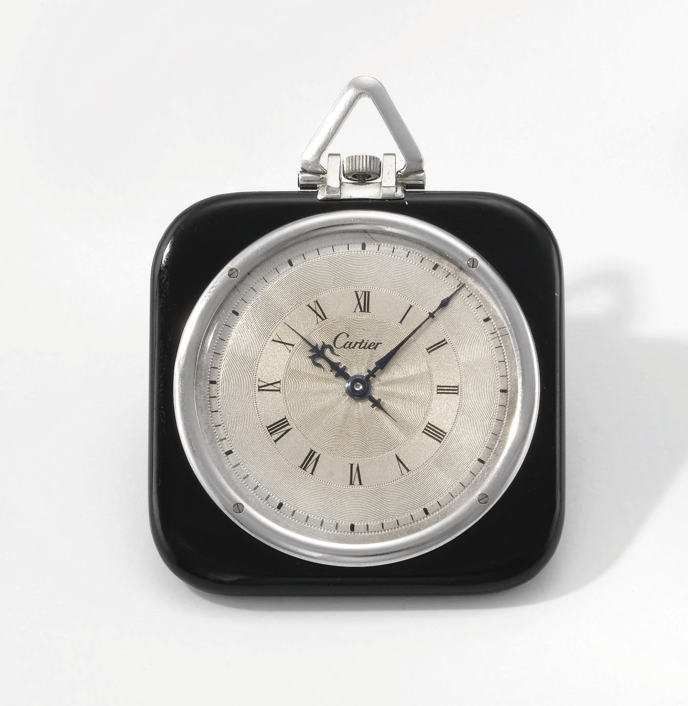 Cartier. A rare and unusual platinum and onyx square openface keyless lever dress watch with two-tone silvered dial