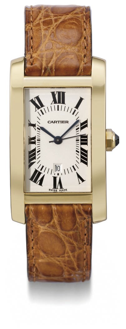 Cartier. An 18K gold self-winding rectangular curved wristwatch with sweep centre seconds and date