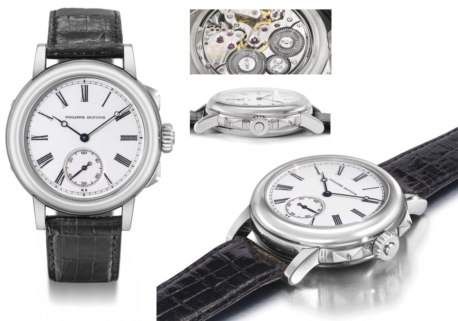 Philippe Dufour. An exceptionally fine, rare and unique 18K white gold two-train minute repeating grande and petite sonnerie wristwatch with hinged case and enamel dial