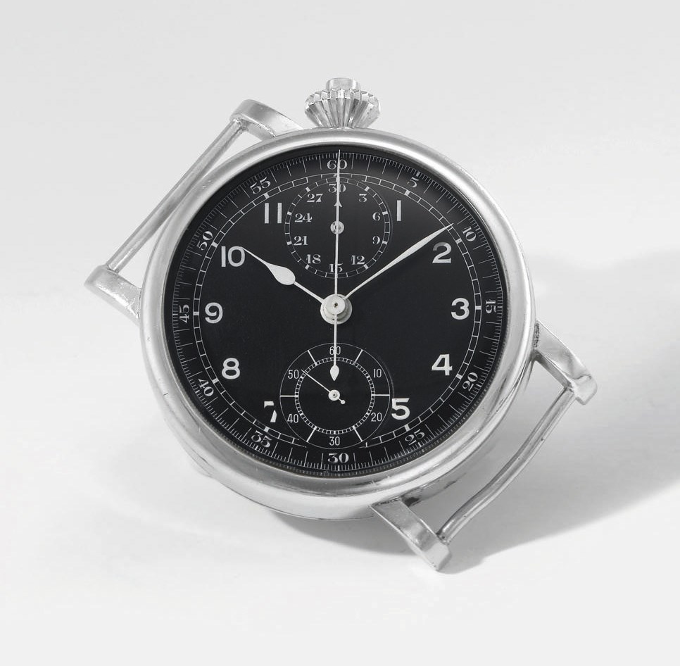 Meylan. A large and unusual stainless steel military single button chronograph wristwatch with hacking feature, diagonally positioned dial and crown