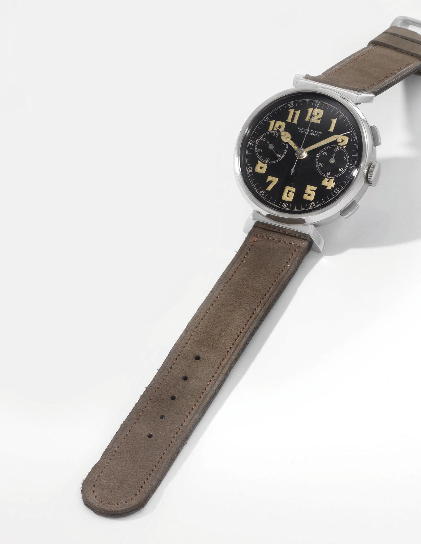 Ulysse Nardin. A rare and unusual stainless steel military chronograph wristwatch with black dial