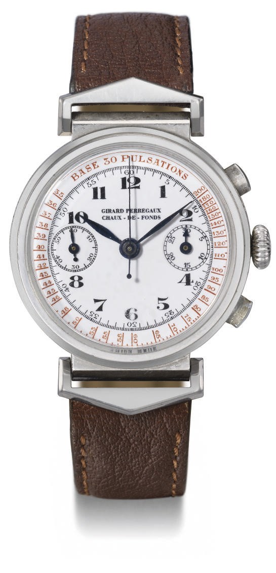 Girard-Perregaux. An unusual stainless steel chronograph wristwatch with pulsation scale, enamel dial and flexible lugs