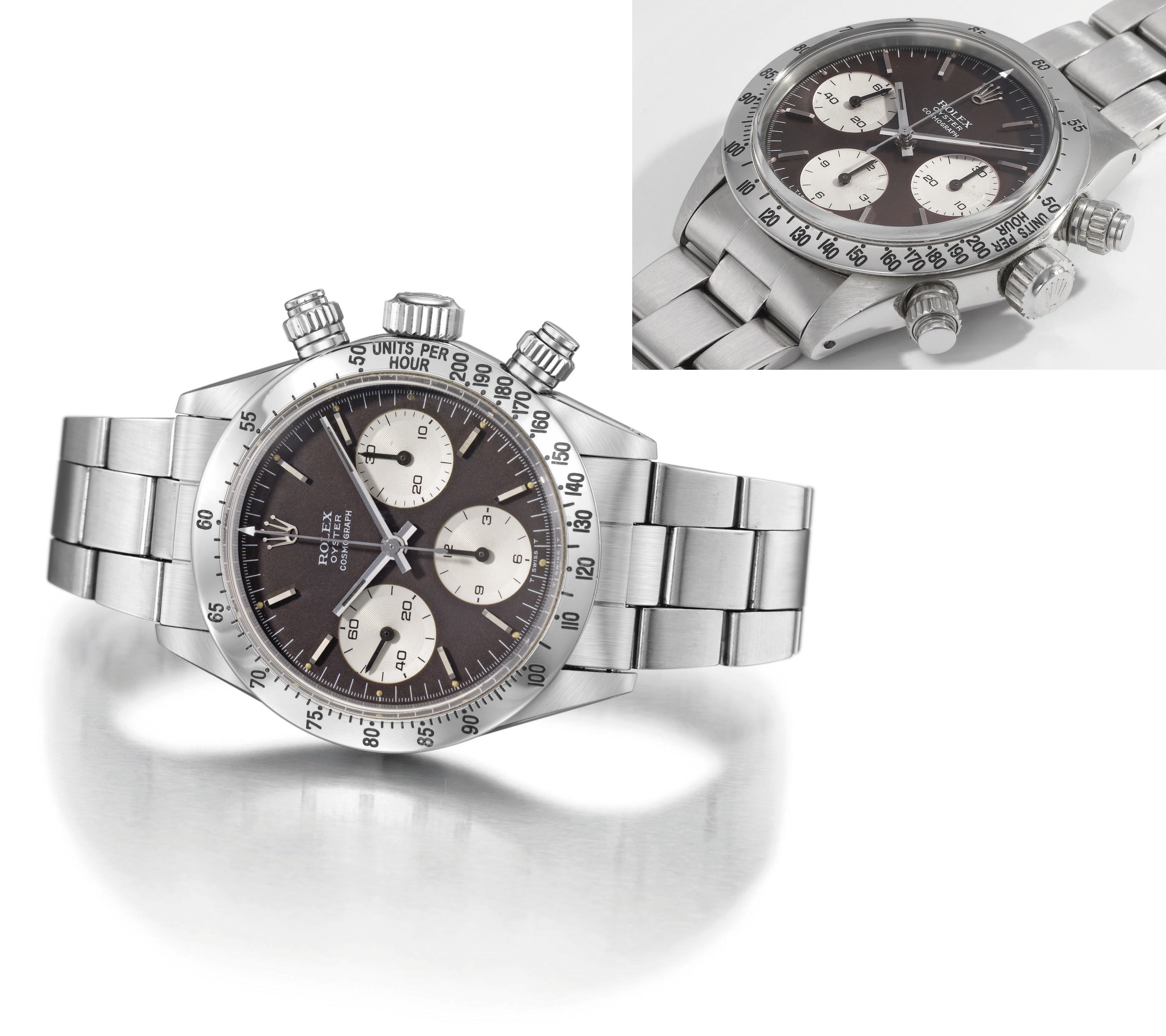 Rolex. A fine and very attractive stainless steel water-resistant chronograph wristwatch with bracelet and brown dial