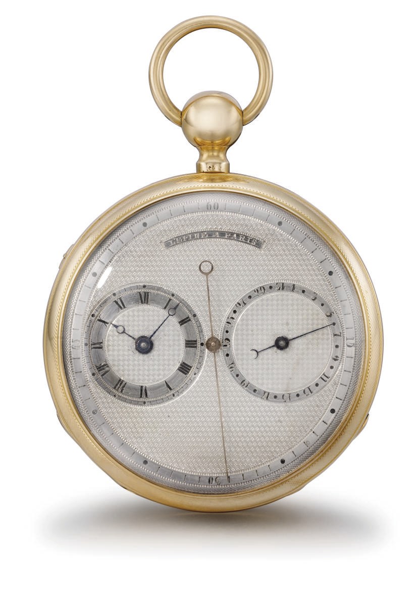 Lepine. A rare and unusual 18K gold openface quarter repeating watch with centre seconds, date and regulator dial