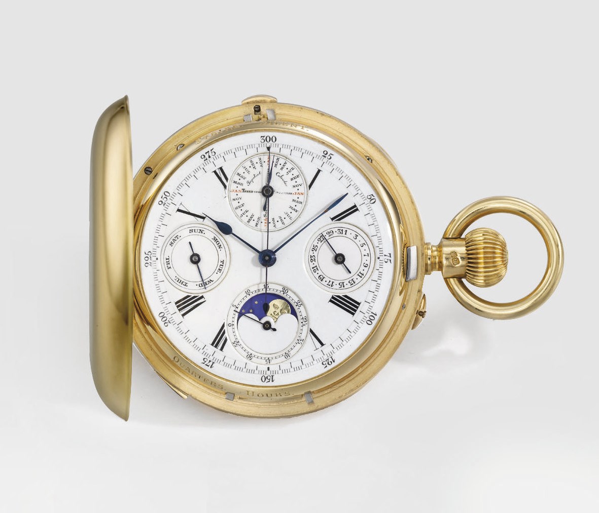 Anon. An unusual 18K gold hunter case two train minute repeating grande and petite sonnerie perpetual calendar chronograph keyless and keywound lever clock watch with phases of the moon