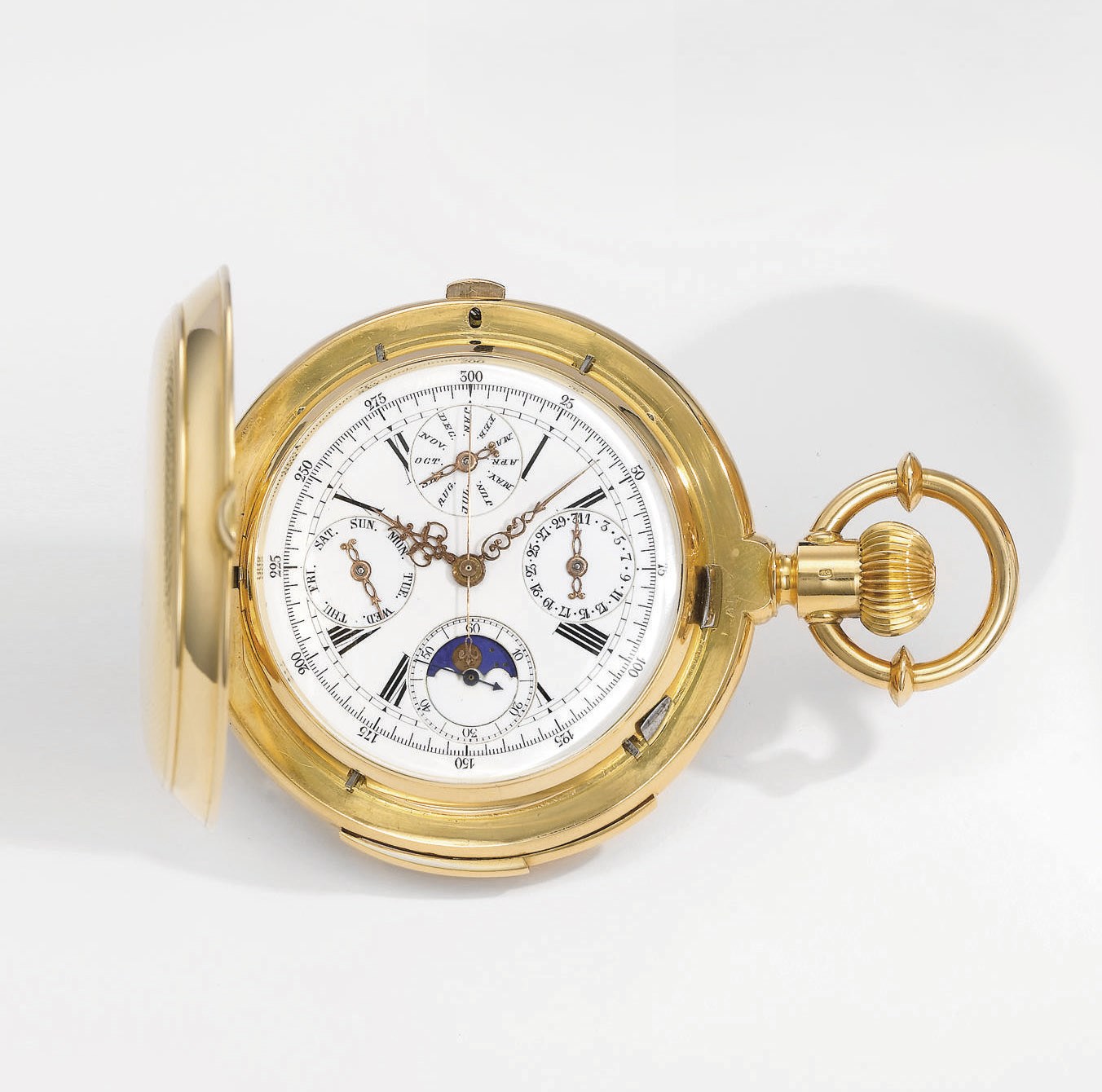 Huguenin. A fine and rare 18K gold hunter case minute repeating full calendar chronograph keyless lever watch with phases of the moon