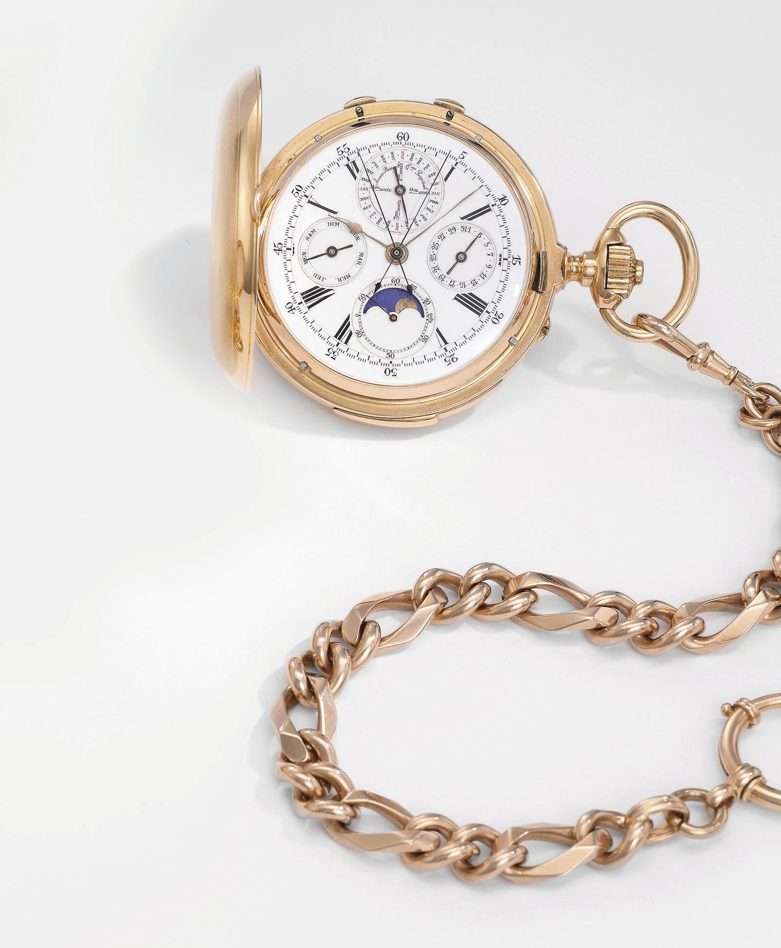 Rodanet. A fine and rare 18K pink gold hunter case minute repeating perpetual calendar split seconds chronograph keyless lever watch with phases of the moon
