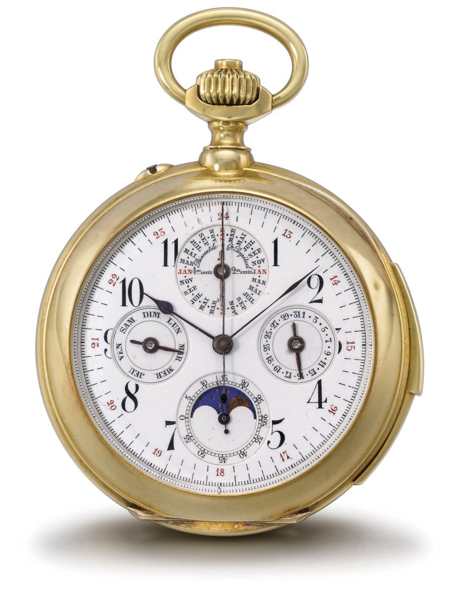 Swiss. A fine and large 18K gold openface minute repeating perpetual calendar chronograph keyless lever watch with phases of the moon
