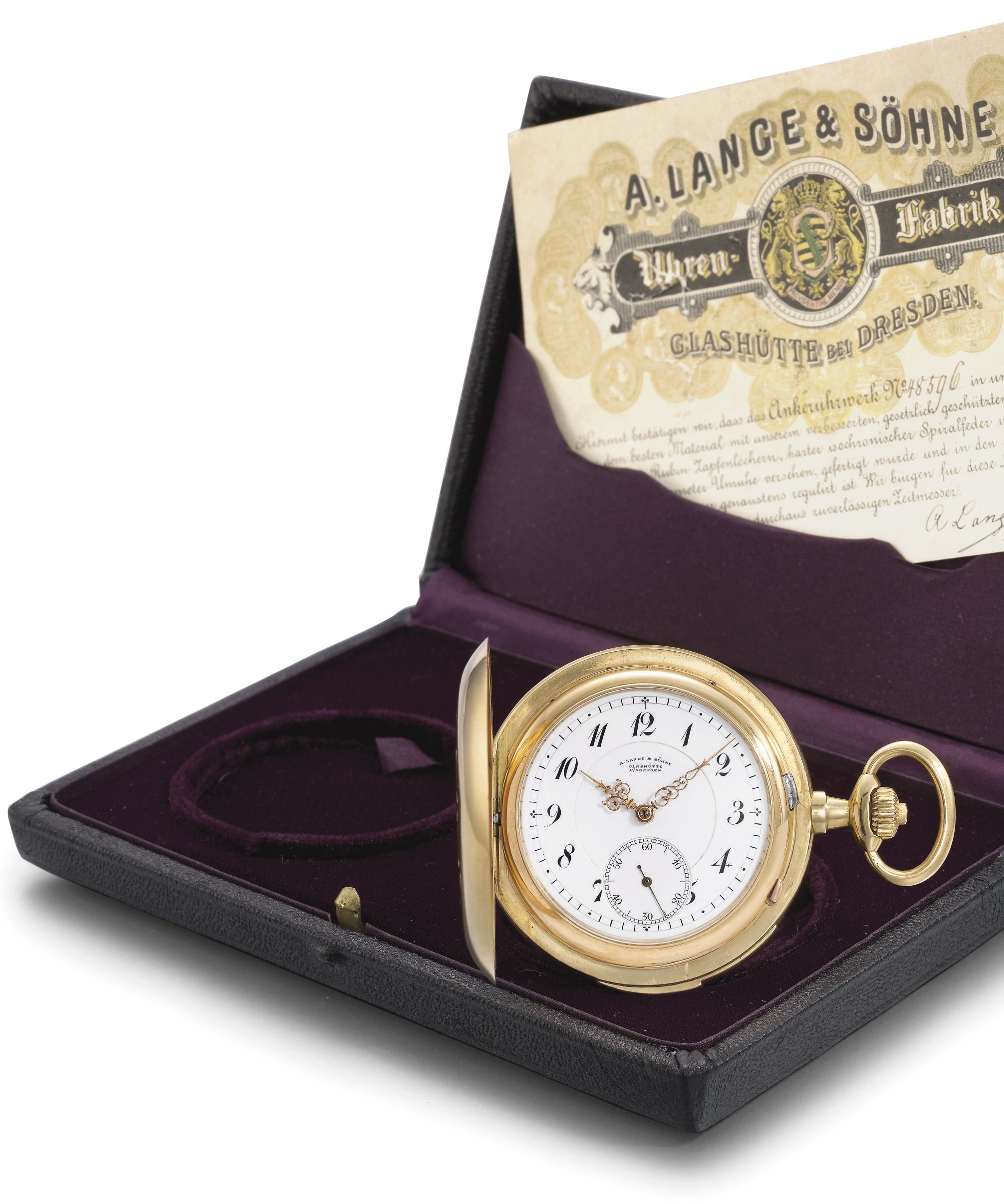 A. Lange & Söhne. A very fine and rare 18K pink gold hunter case minute repeating keyless lever with certificate and box