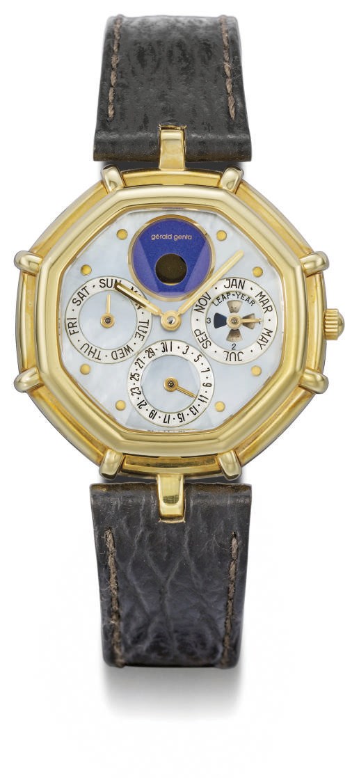 Gerald Genta. An 18K gold octagonal self-winding perpetual calendar wristwatch with phases of the moon and mother-of-pearl dial