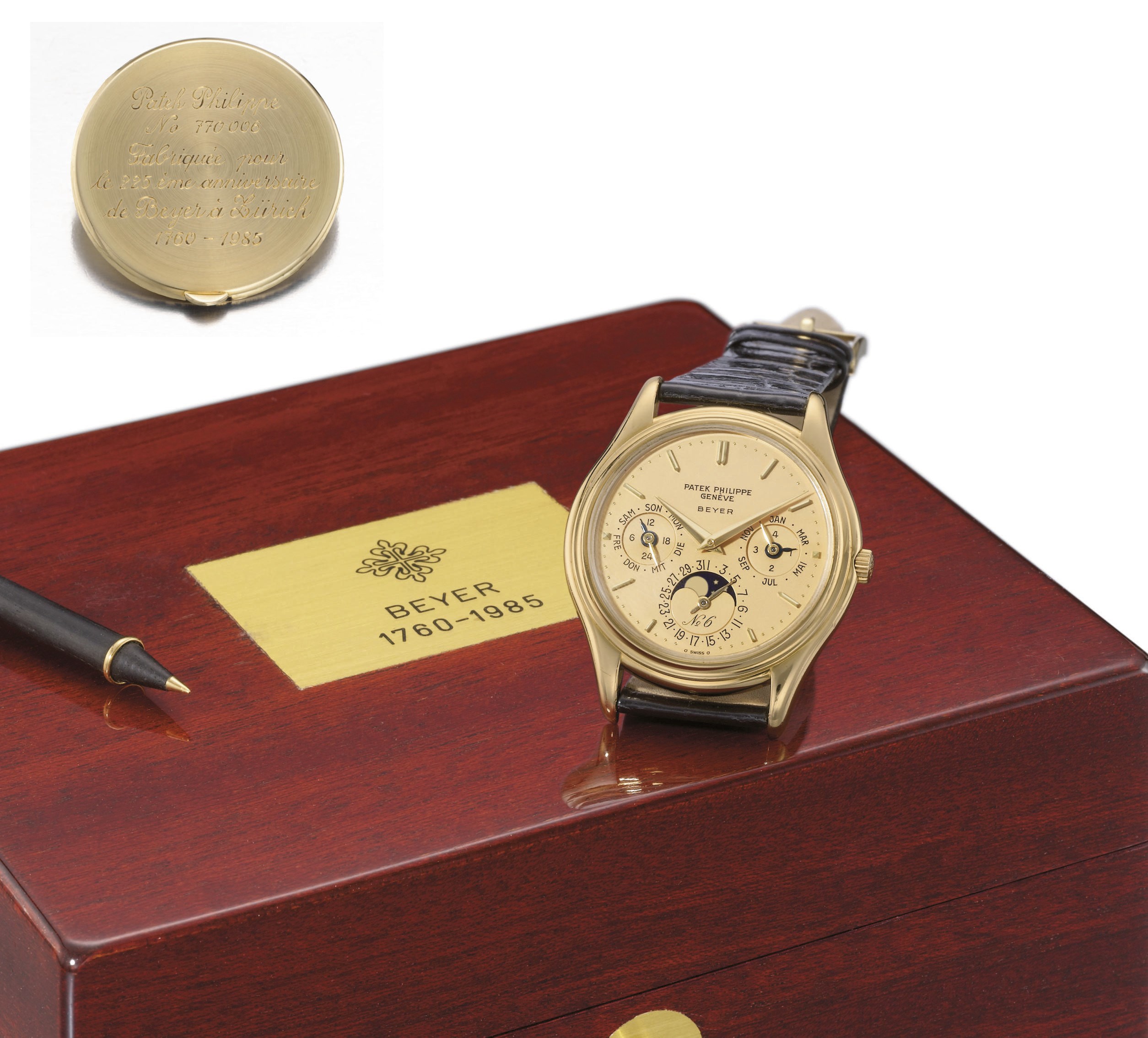 Patek Philippe. A very fine and rare 18K gold limited edition self-winding perpetual calendar wristwatch with phases of the moon, made for the 225th anniversary of Beyer Zürich
