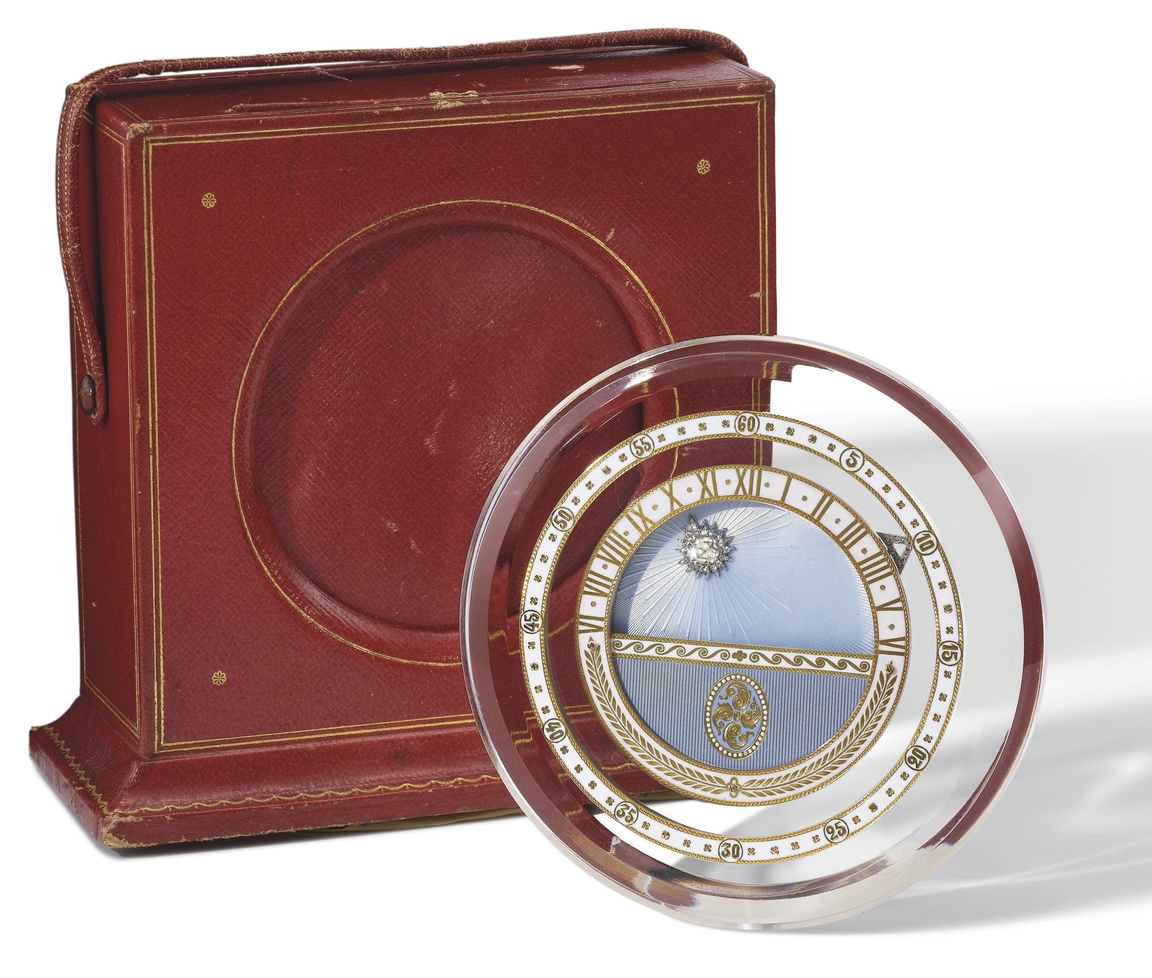 Cartier, made by Maurice Couët. An exceptionally fine and rare rock crystal, gold, silver-plated, enamel and diamond-set eight-day Day and Night Comet clock with original box